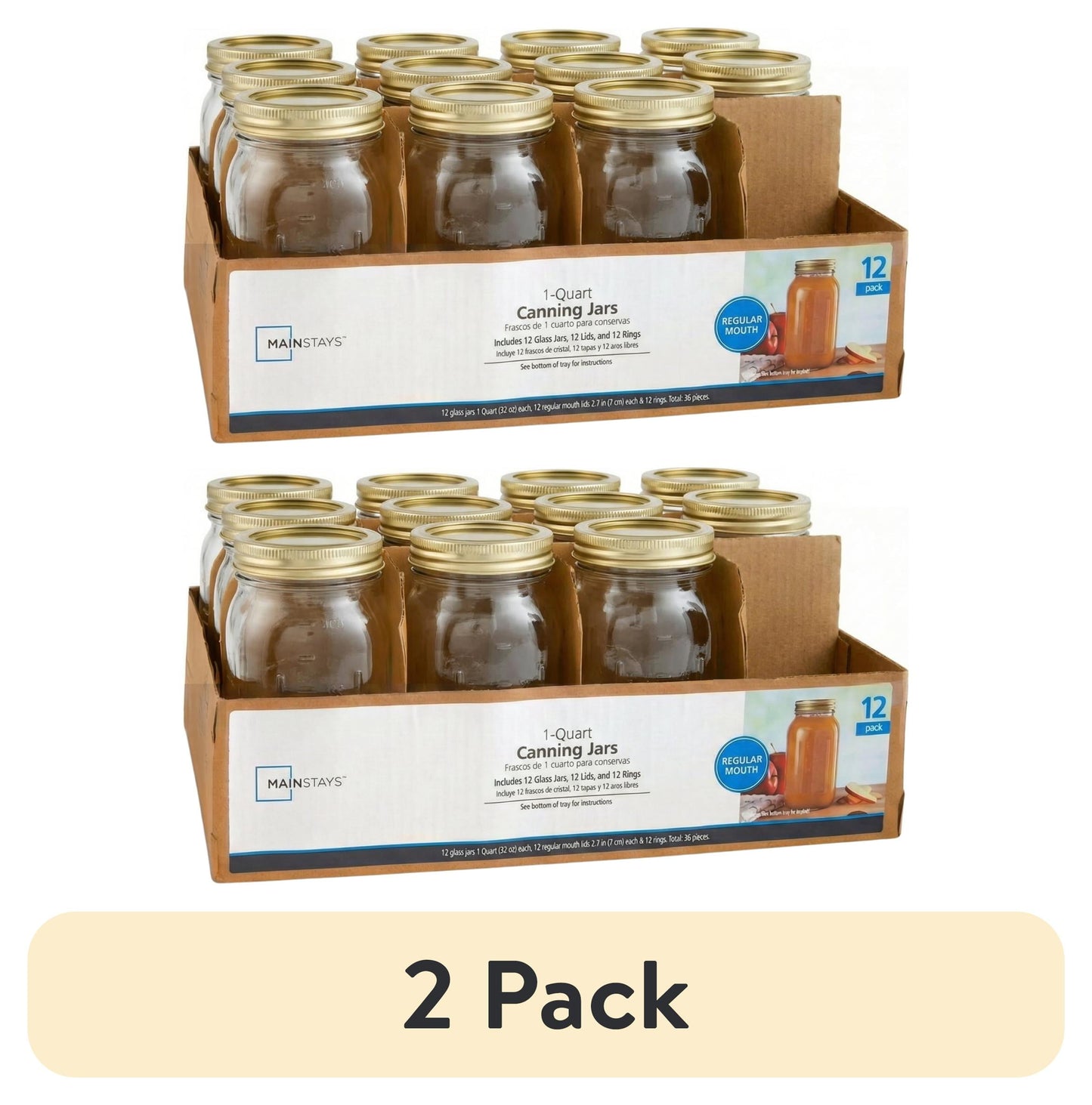 (2 pack) Mainstays 32 oz Mason Jars, Regular Mouth Quart Canning Jars with Lids and Rings, 12-Pack Large Glass Jars for Home Canning and Fermenting