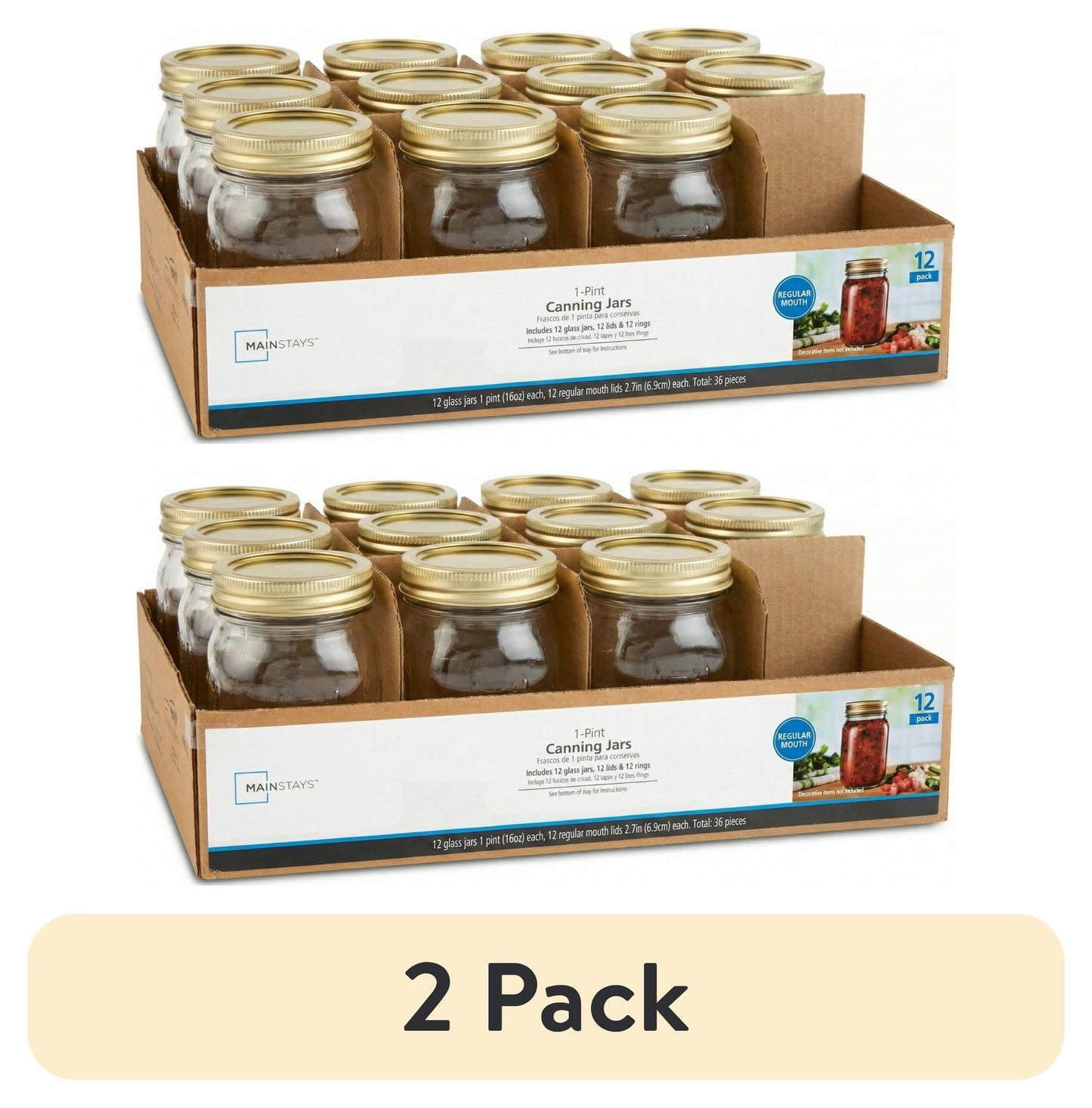(2 pack) Mainstays 16 oz Mason Jars, Regular Mouth Pint Canning Jars with Lids and Rings, 12-Pack Glass Jars for Home Canning and Meal Prep