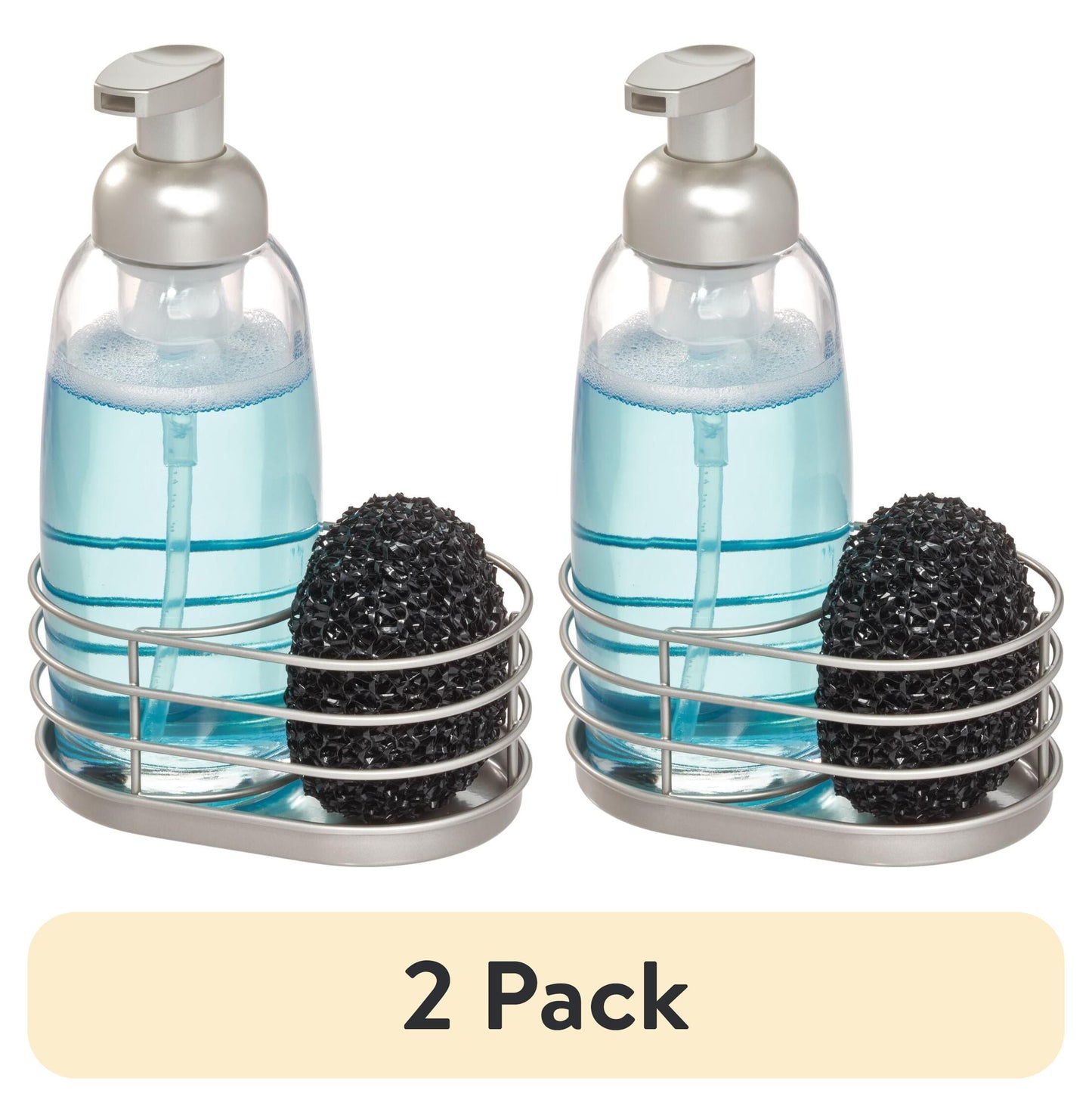 (2 pack) Mainstays Metro Glass Foaming Soap Pump and Metal Sponge Caddy, Clear, 5.12 in x 3.32 in x 7.94 in