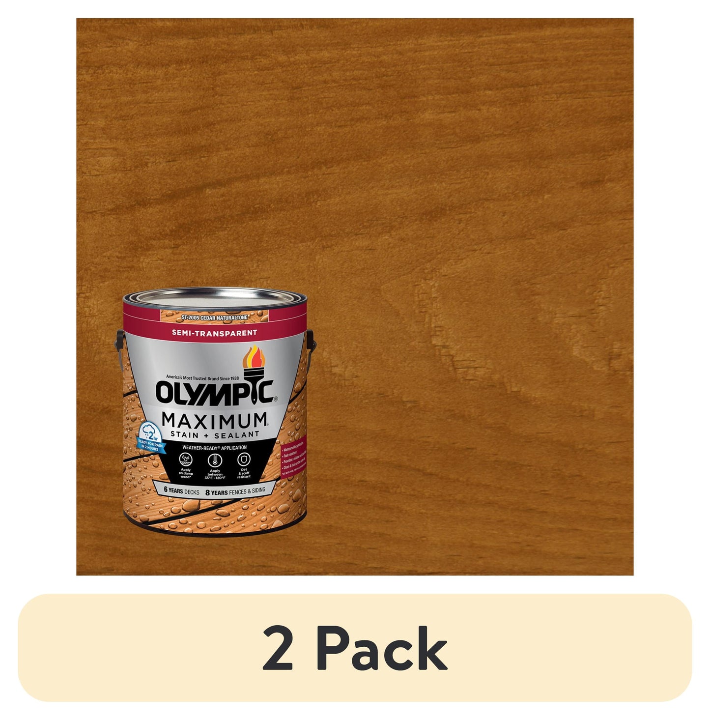 (2 pack) Olympic Maximum 1 Gallon ST-2005 Cedar Naturaltone Semi-Transparent Exterior Stain and Sealer in One Low VOC