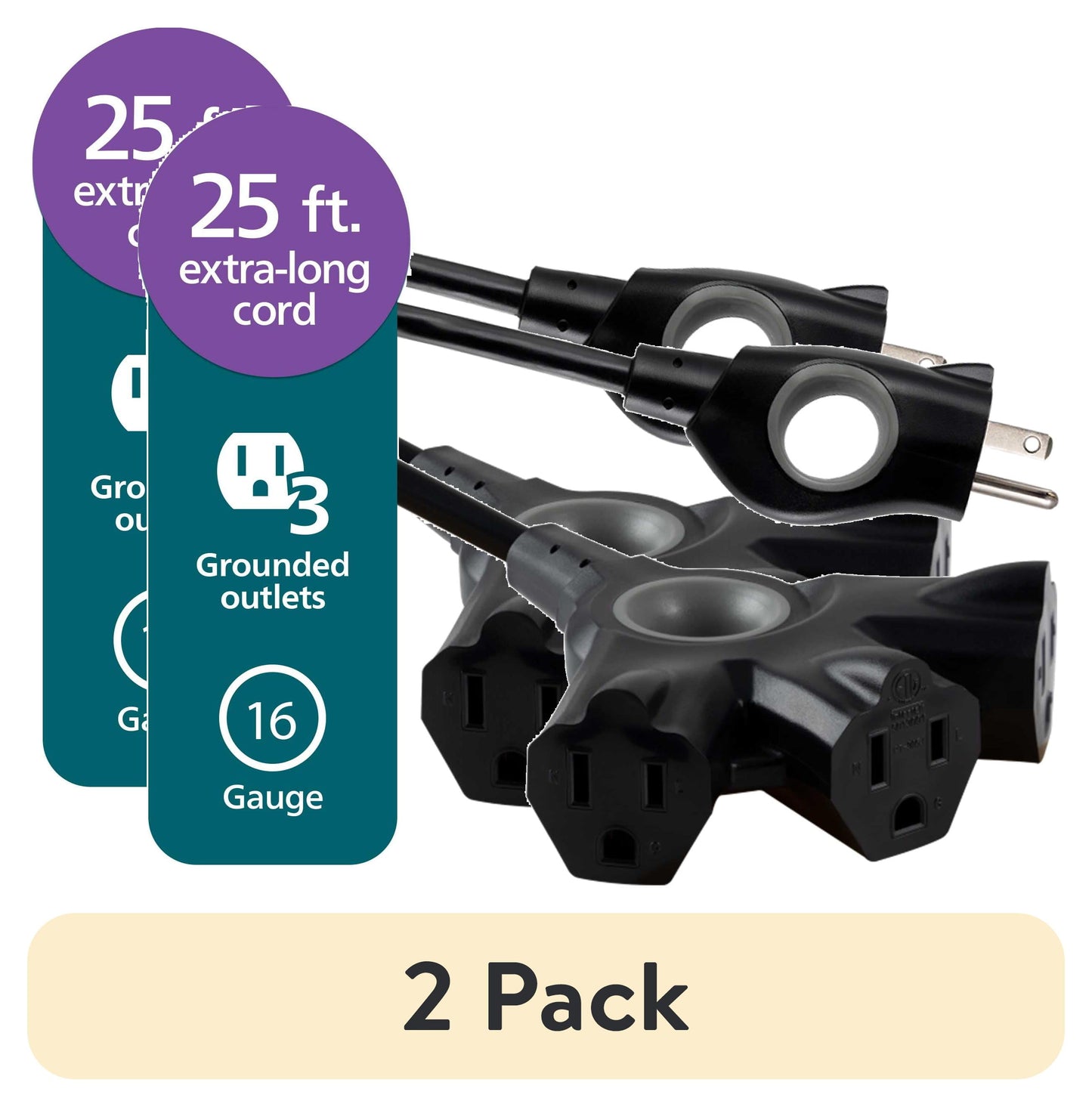 (2 pack) Philips EZGrip 25FT Black Outdoor Extension Cord 3 Prong with Multiple Outlets, 16AWG