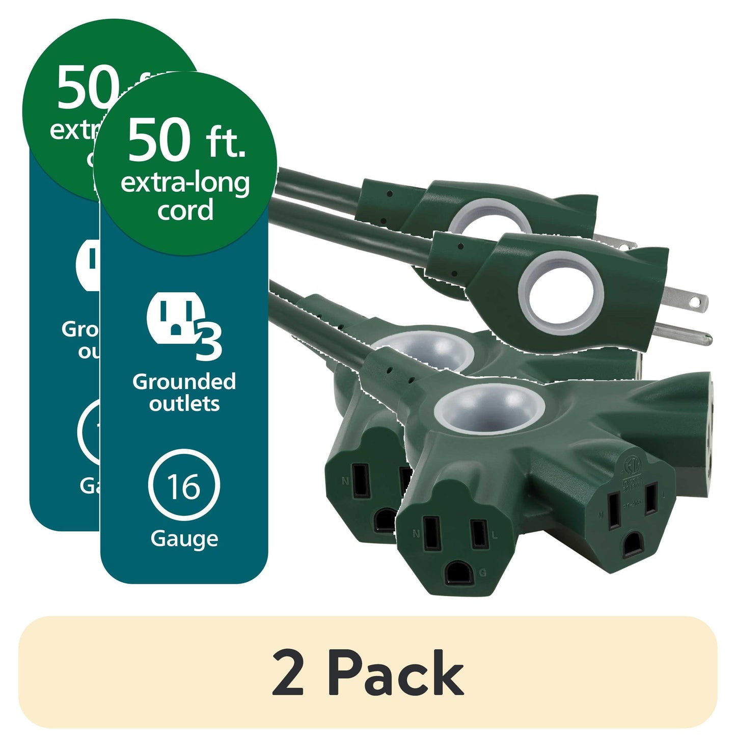 (2 pack) Philips EZGrip 50FT Green Outdoor Extension Cord 3 Prong with Multiple Outlets, 16AWG
