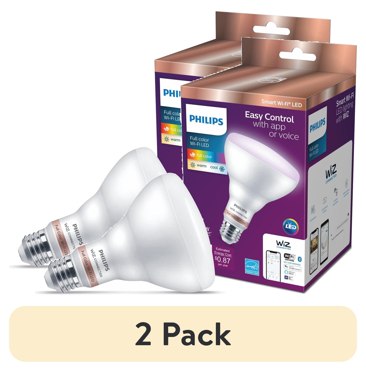 (2 pack) Philips Smart LED 65-Watt BR30 Floodlight Light Bulb, Color & Tunable White, Dimmable, E26 (1-Pack)