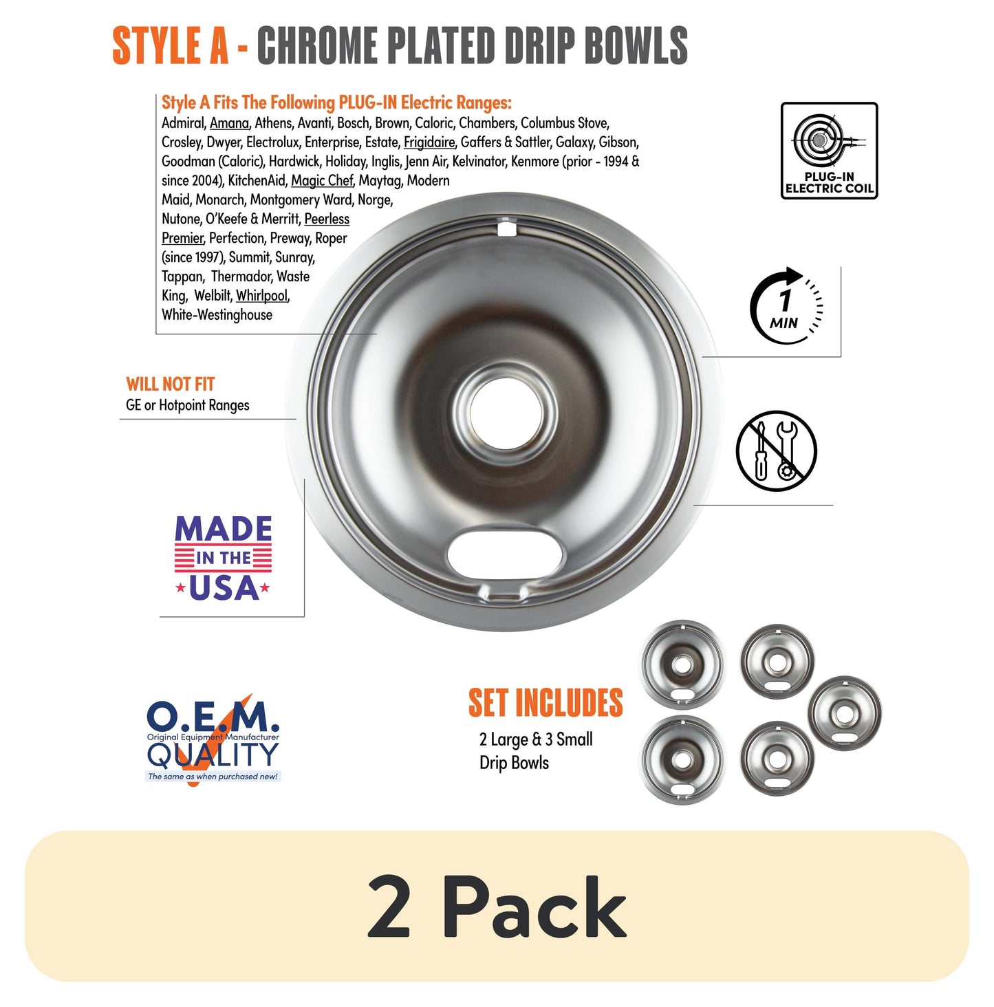 (2 pack) Range Kleen 12565X Economy Style A Chrome Plated Drip Bowls, 5 Pack