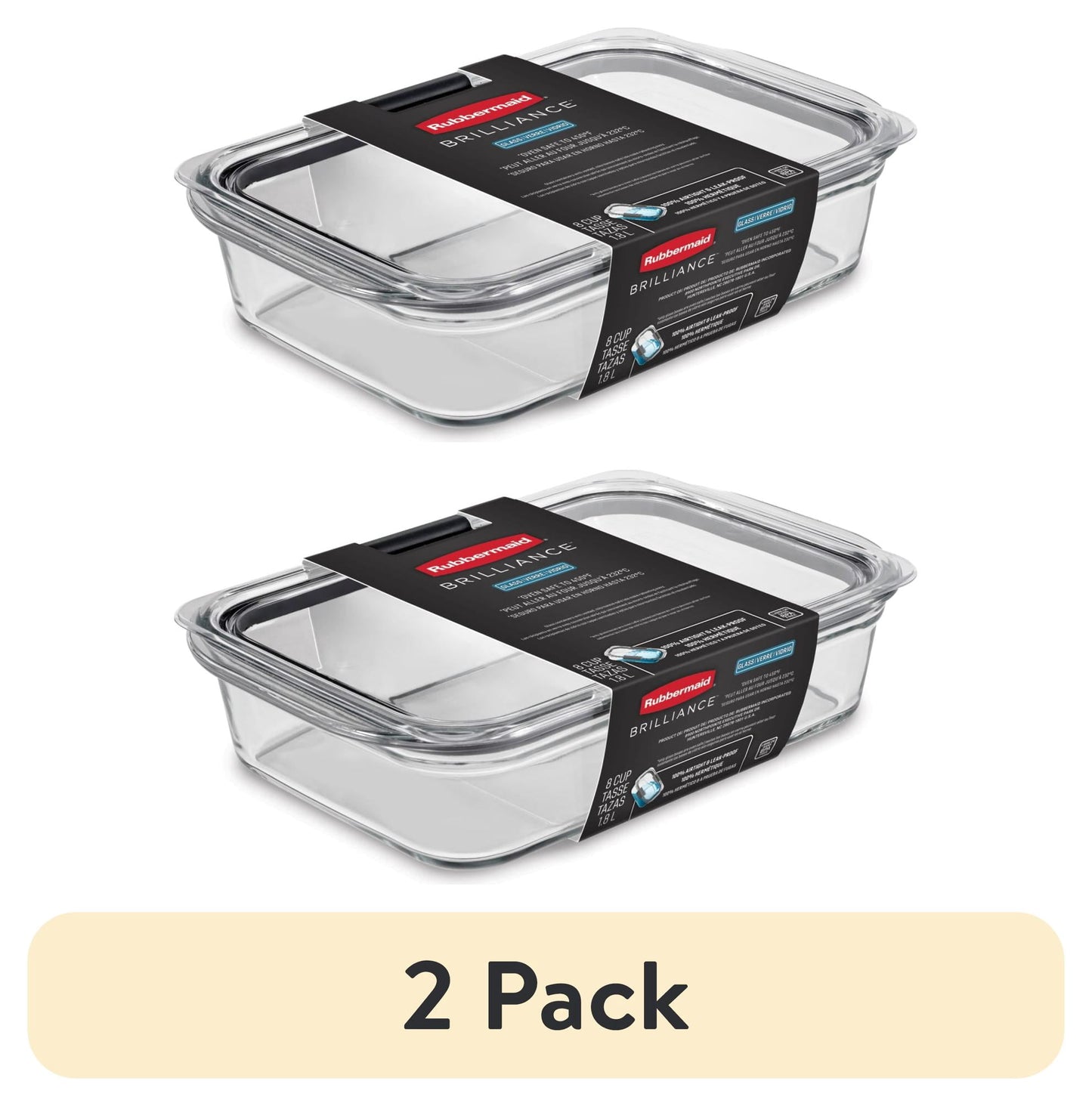 (2 pack) Rubbermaid Brilliance Glass Food Storage Container with Lid, BPA Free and Leak Proof, 8-Cup