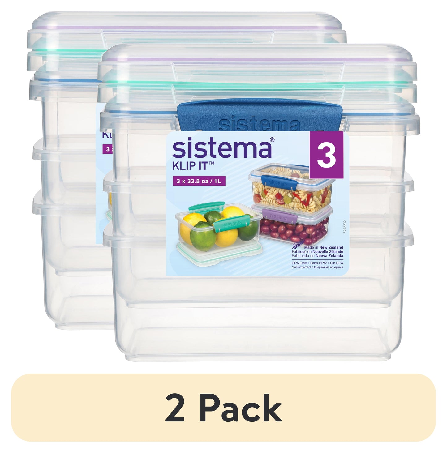 (Paquete de 2) Contenedores de Almacenamiento de Alimentos de Plástico de 4.1 Tazas Sistema KLIP IT, Juego de 3