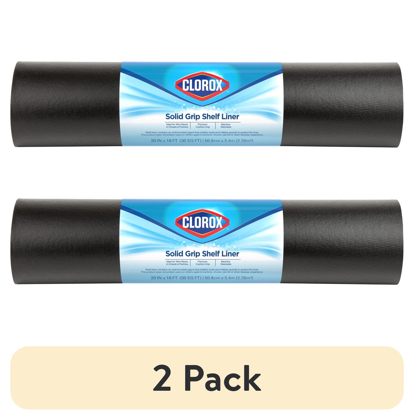 (2 pack) Solid Grip Shelf Liner with Clorox, Black, 20 in x 18 ft Roll