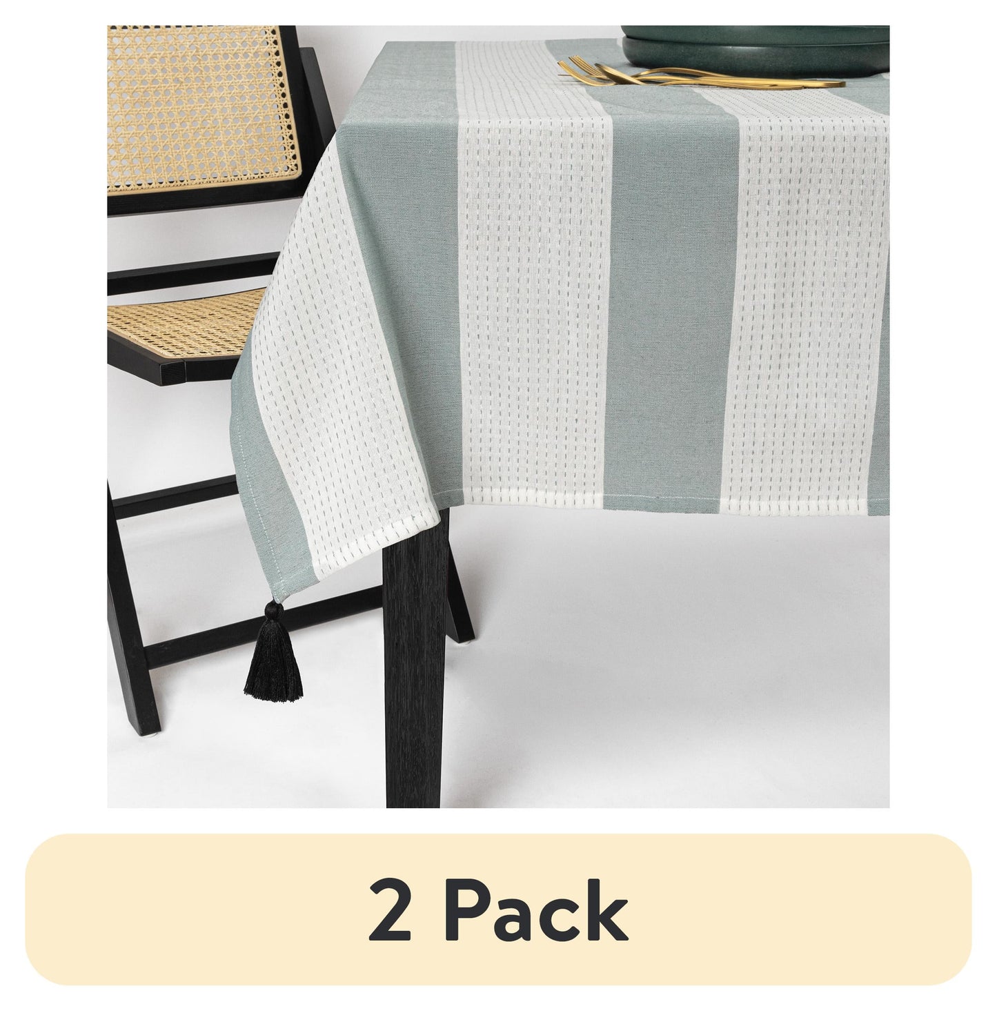 (Paquete de 2) Mantel Rectangular de 102", Verde y Blanco con Borlas Negras
