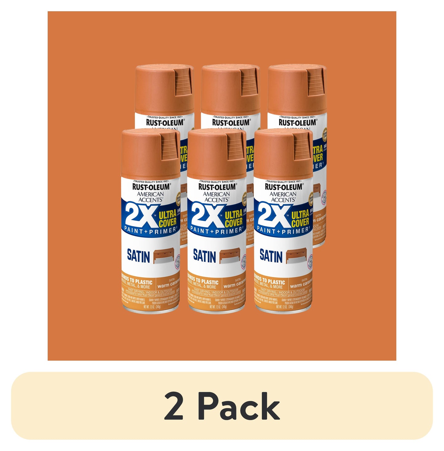 (2 pack) 6 Pack, Warm Caramel Rust-Oleum American Accents 2X Ultra Cover Satin Spray Paint-327924, 12 oz