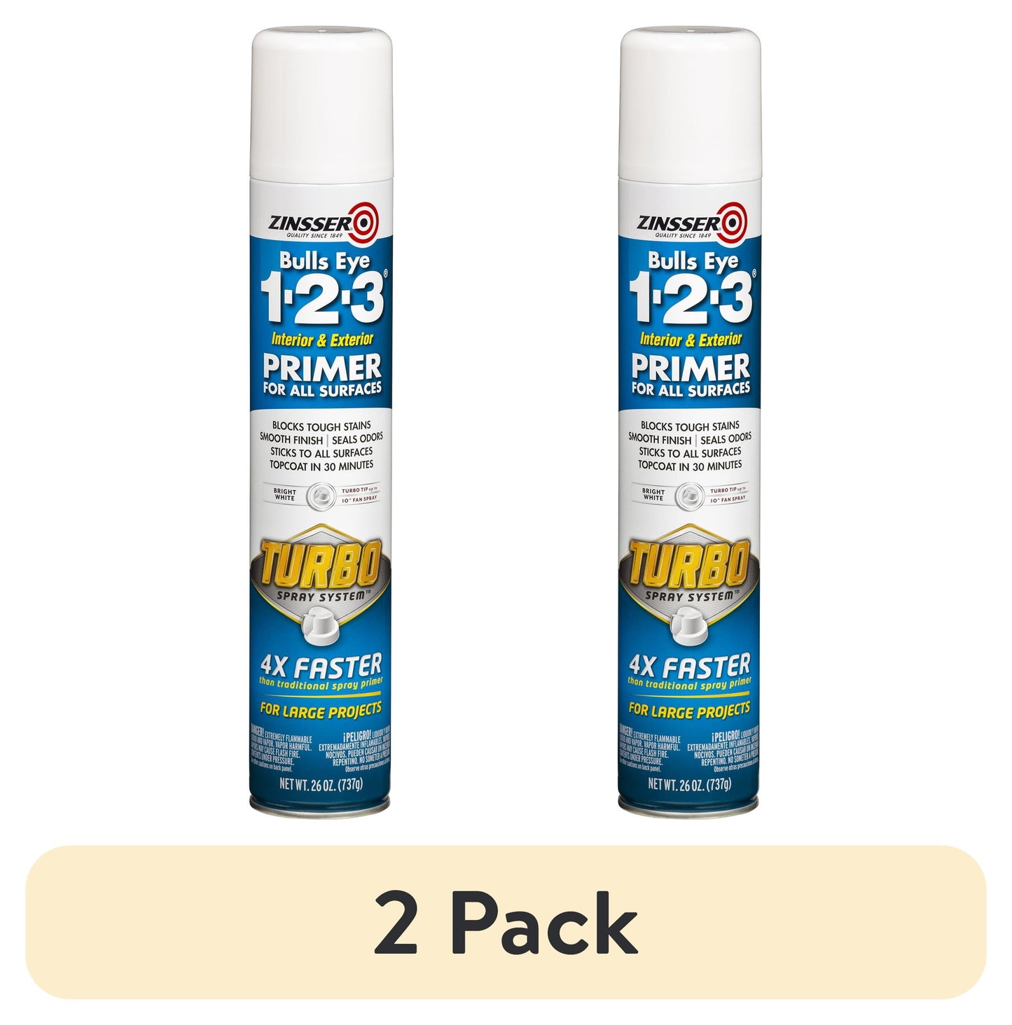 (2 pack) White, Zinsser Bulls Eye 1-2-3 Water-Based Primer Turbo Spray-343746, 26 oz