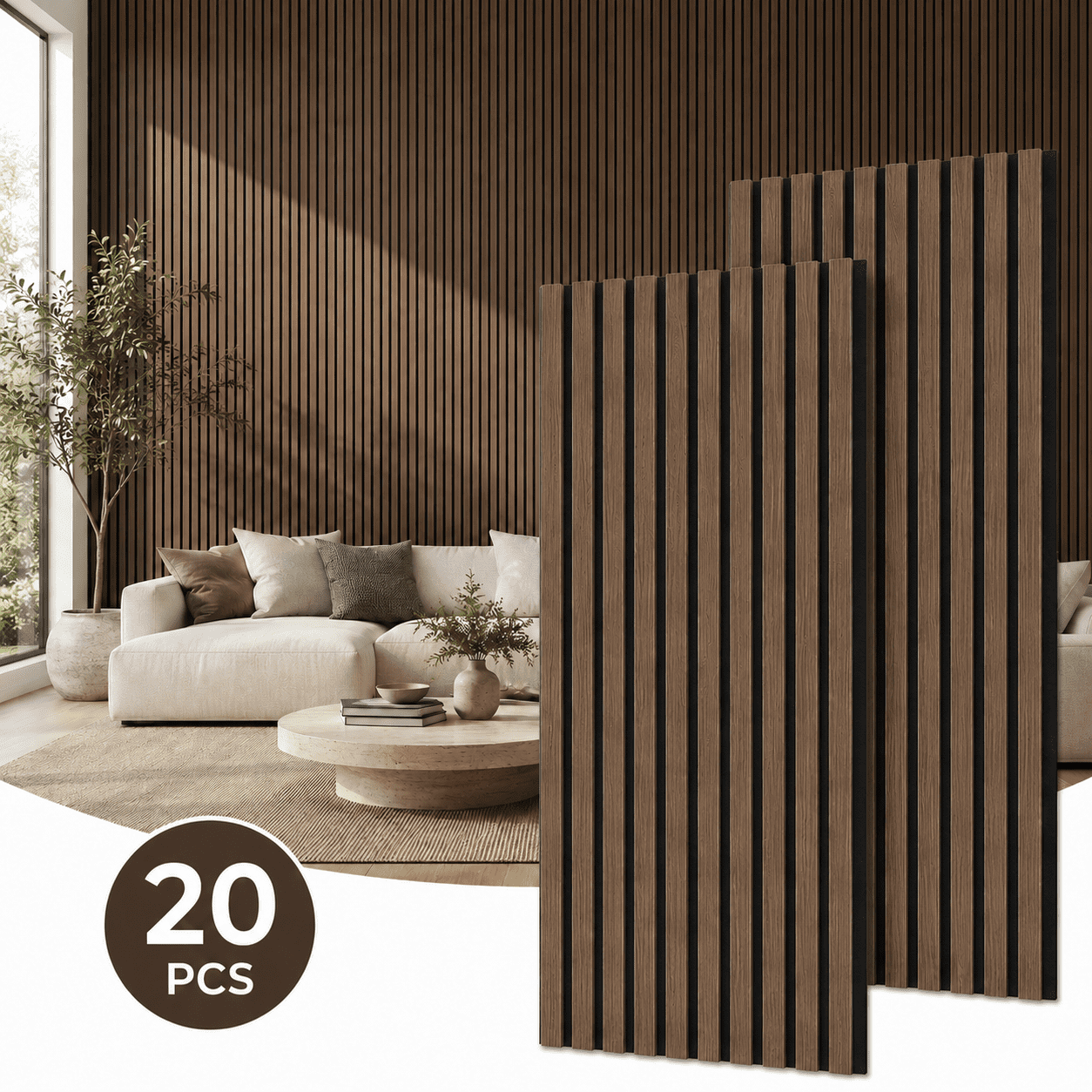 20-Pack Wood Slat Acoustic Wall Panels, 24" x 12" MDF Slat Wall Paneling for Modern Interior Wall Decor, Sound Absorbing Accent Panels, 39.99 Sq. Ft., Deep Walnut
