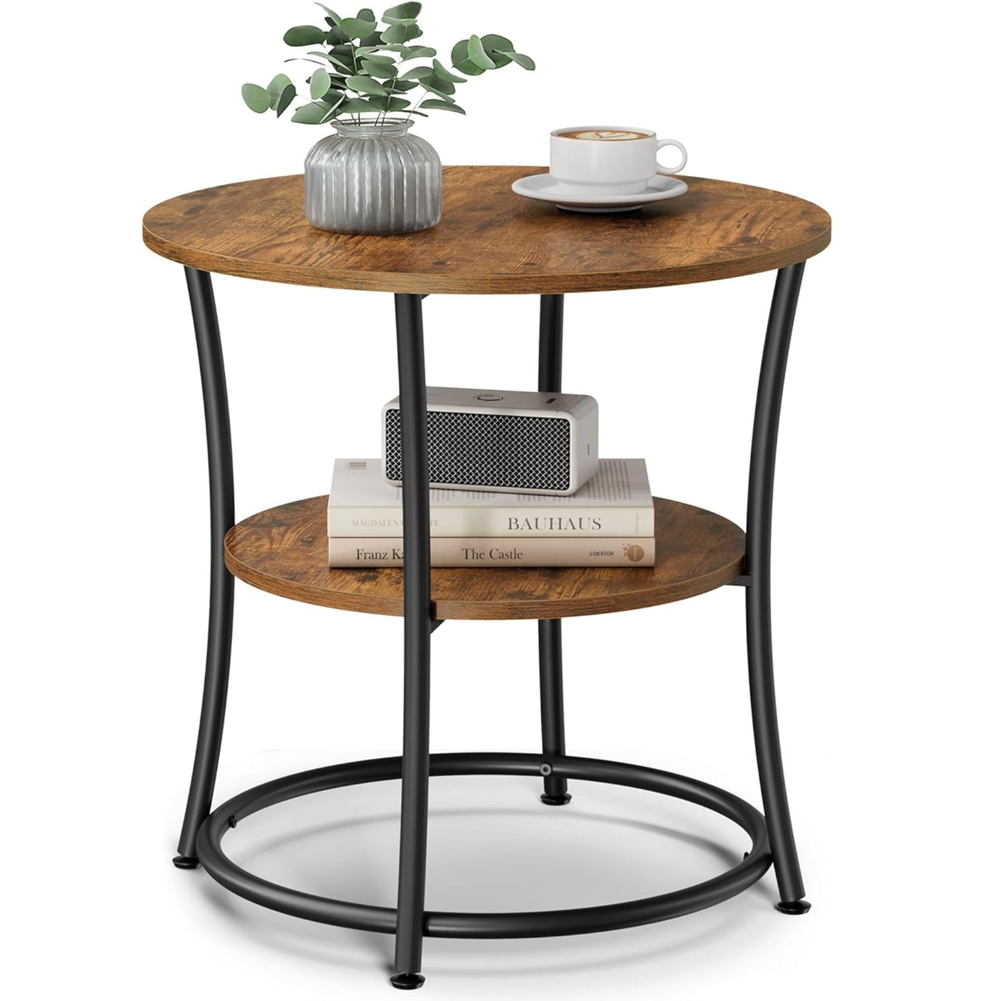 21.7 in. Rustic Brown and Ink Black Round 2-Tier Side Table with Industrial Steel Frame