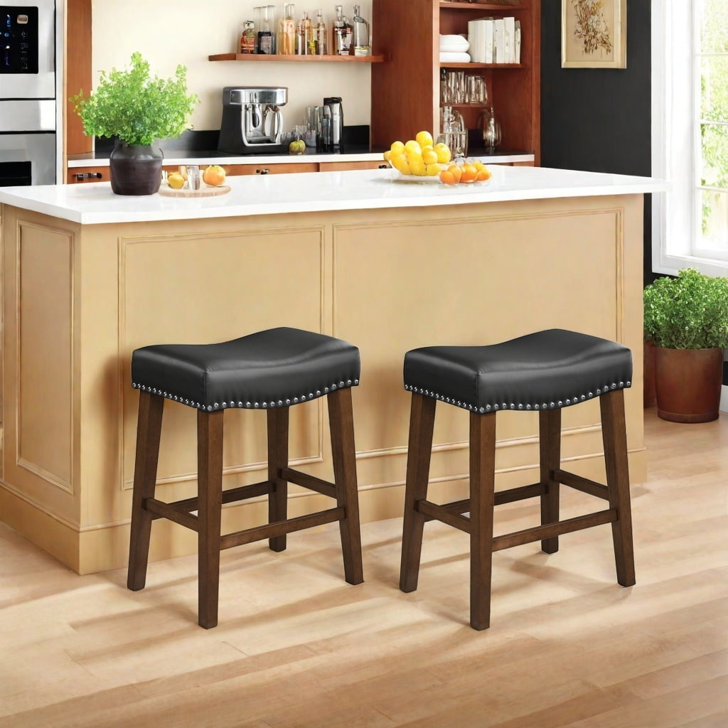 24 Inch Bar Stools Set of 2 Leather Counter Height Kitchen Stools Curved Backless Saddle Barstools for Kitchen Island, Black