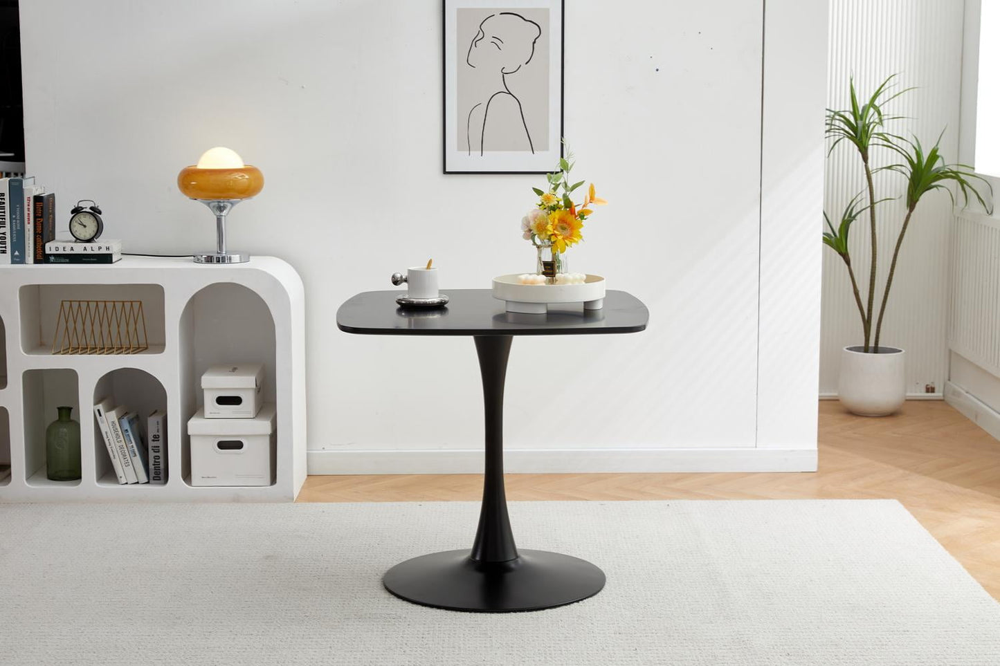 24 Inch Square Dining Table for Small Spaces, Modern Tulip Table with a Sturdy Metal Pedestal Base and Black MDF Top, Ideal for Kitchen Breakfast Nooks, Apartments, Bistros, and Home Offices