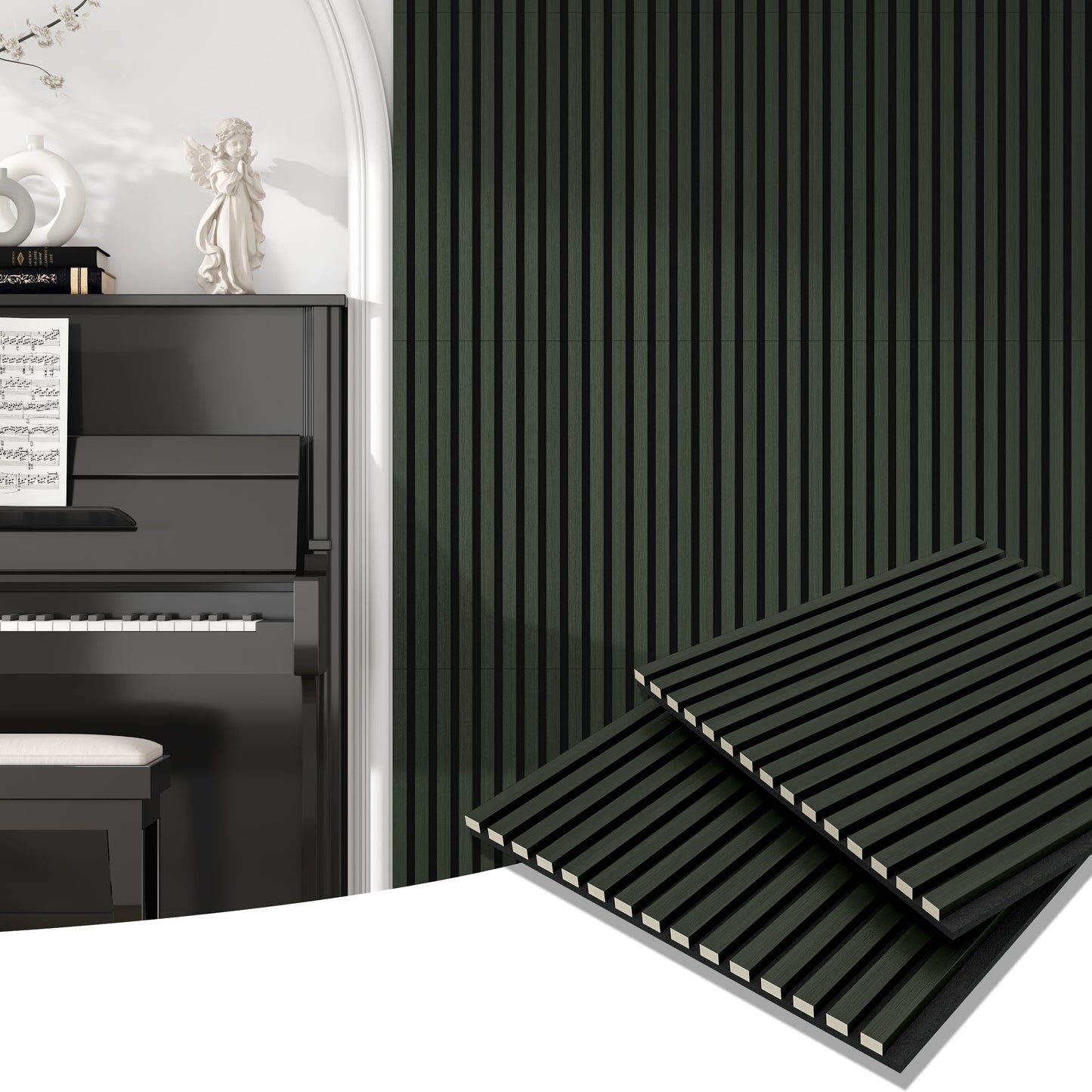 24"x24" Acoustic Slat Wood Wall Panel 3D Slatted Wall Panels 4Pcs,Black