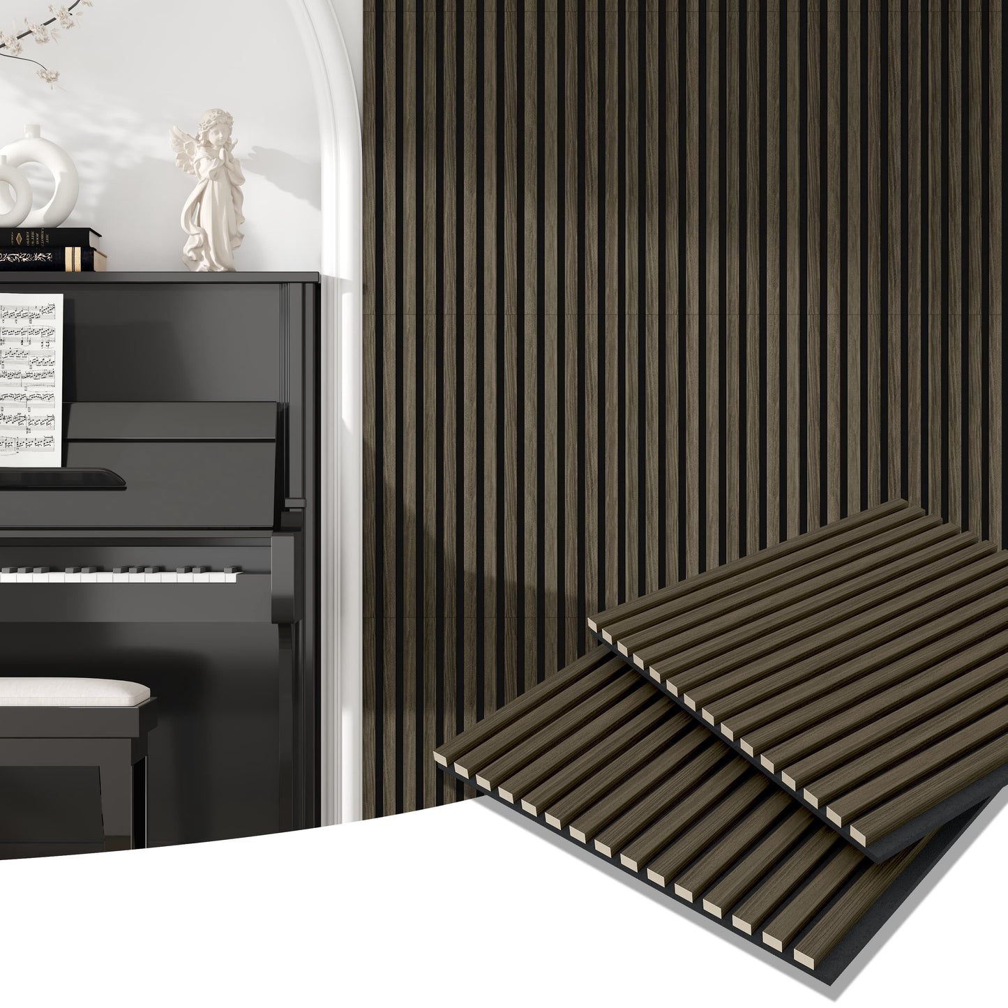 24"x24" Acoustic Slat Wood Wall Panel 3D Slatted Wall Panels 4Pcs,Walnut