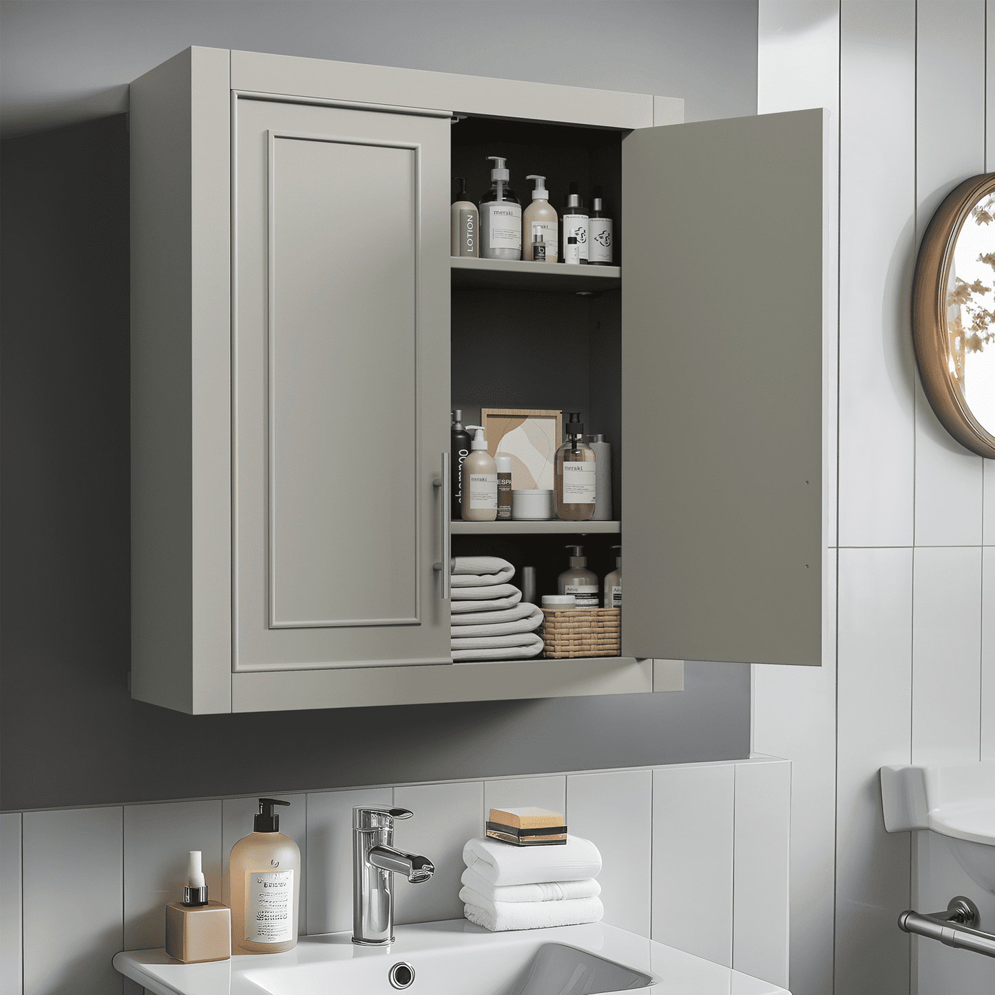 26"x22"x8" Modern Rectangle Wood Wall Mounted Storage Cabinets for Bathroom,Gray