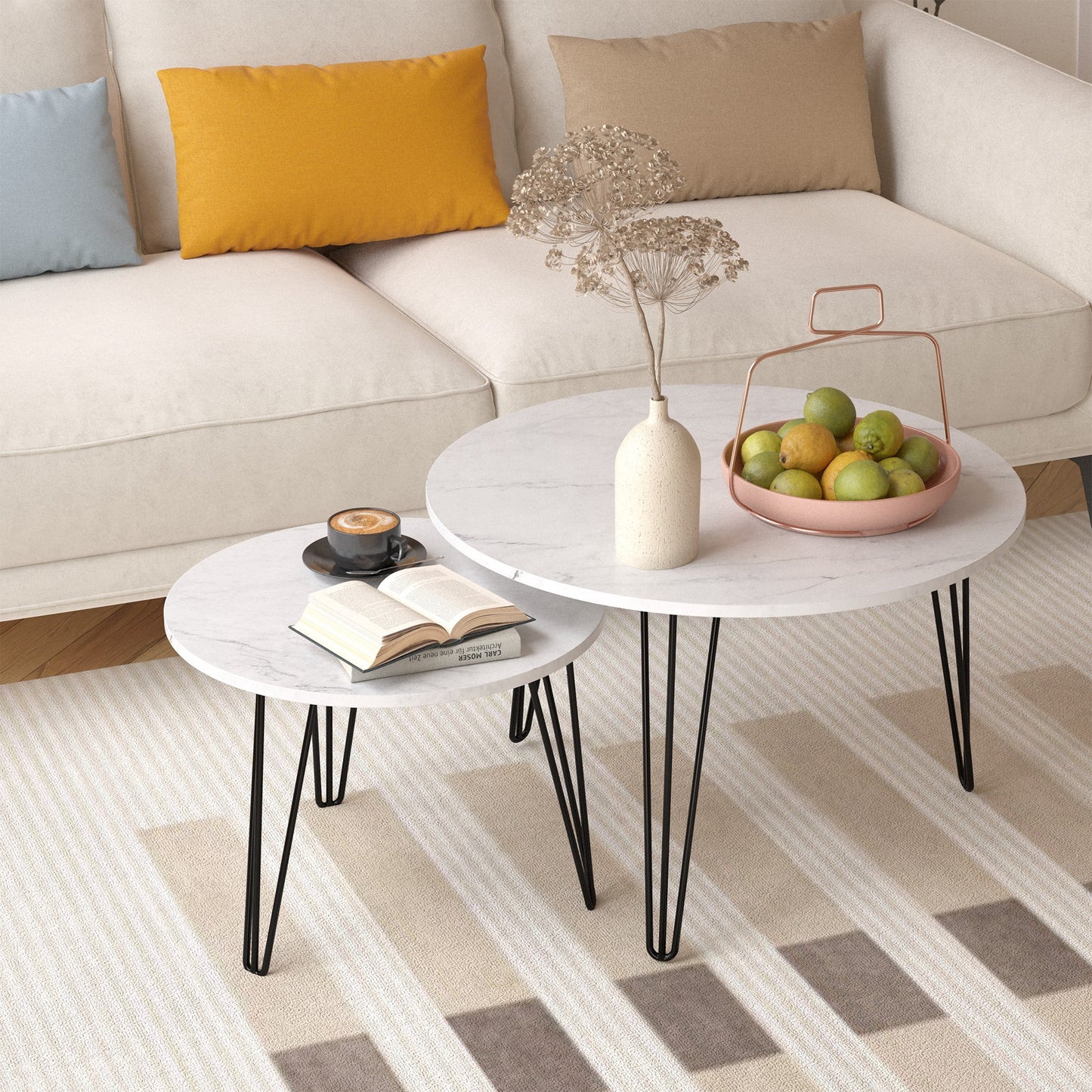 27.56'' Round Nesting Coffee Table Set of 2,Wooden End Table Set, with Metal Base for Living Room,Bedroom,White