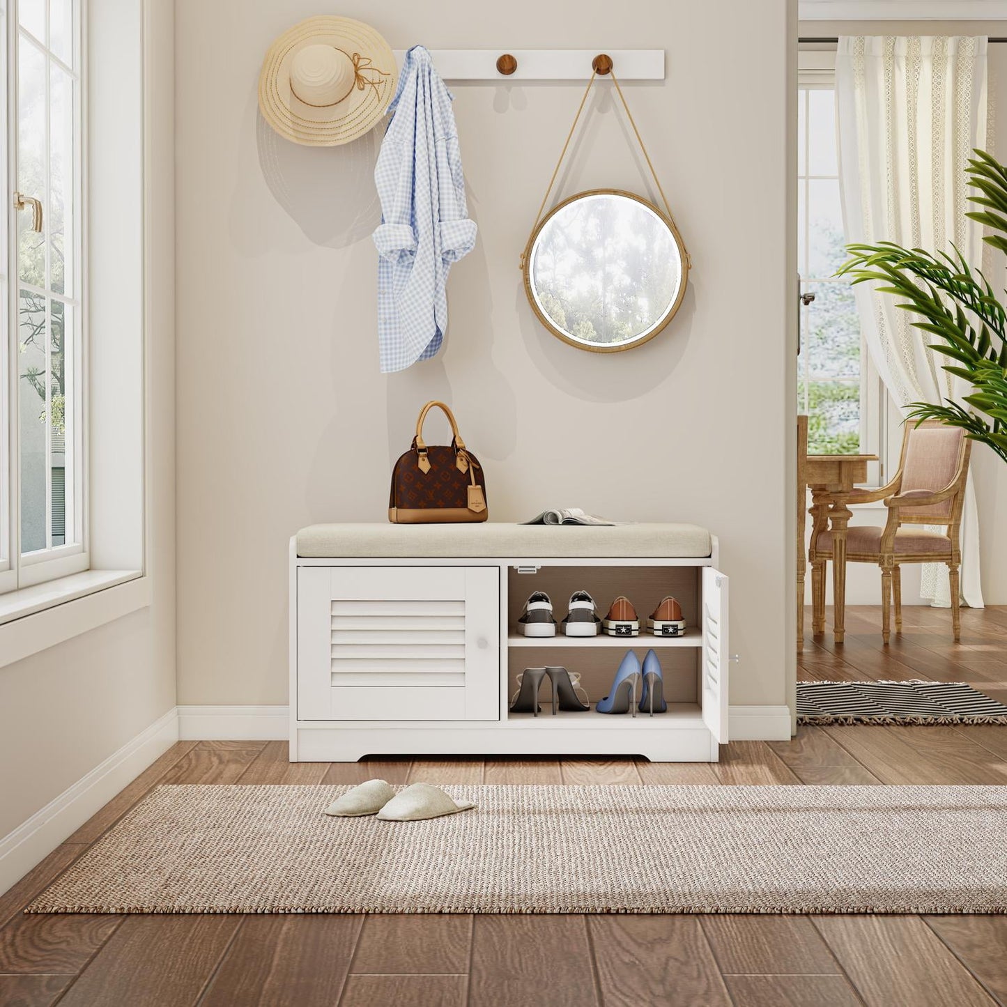 28.74 Inch Shoe Storage Bench with 2 Door Cabinet Entryway Bench with White Storage Adjustable Shelves Shoe Rack for Hallway Living Room