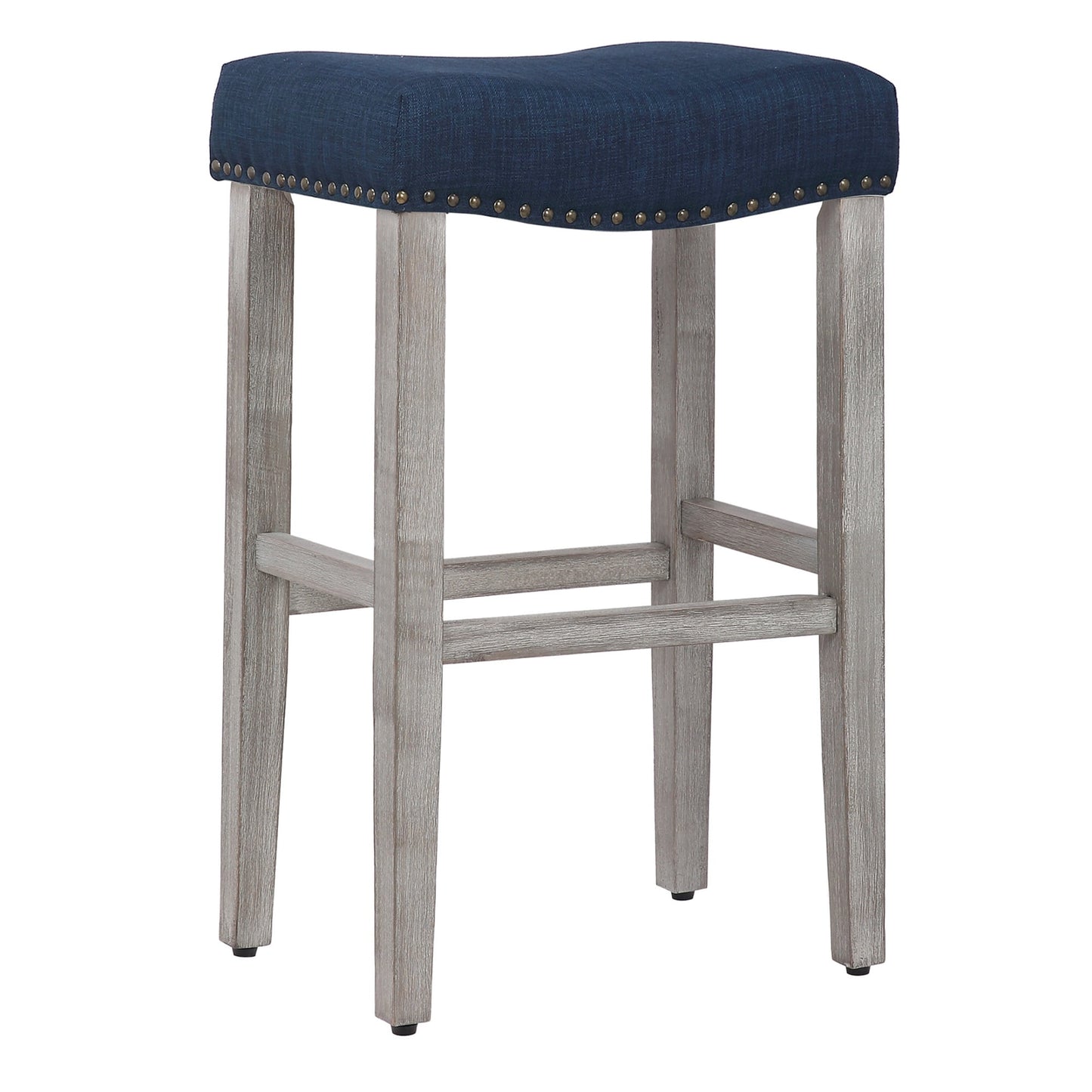 29" Inch Upholstered Backless Saddle Seat Counter Stool, Antique Gray/Navy Blue