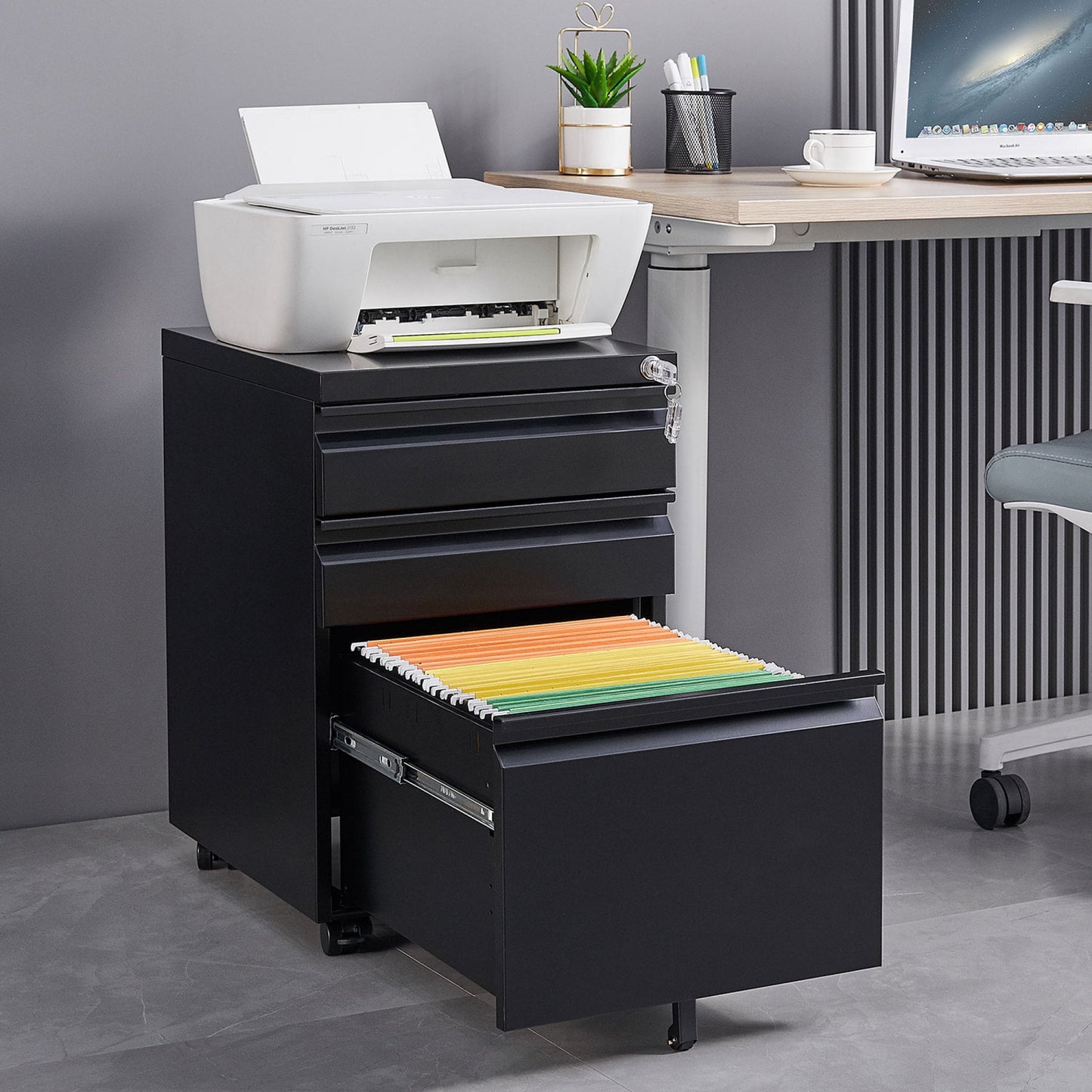 3-Drawer Mobile Filing Cabinet with Lock, Office Storage Filing Cabinet