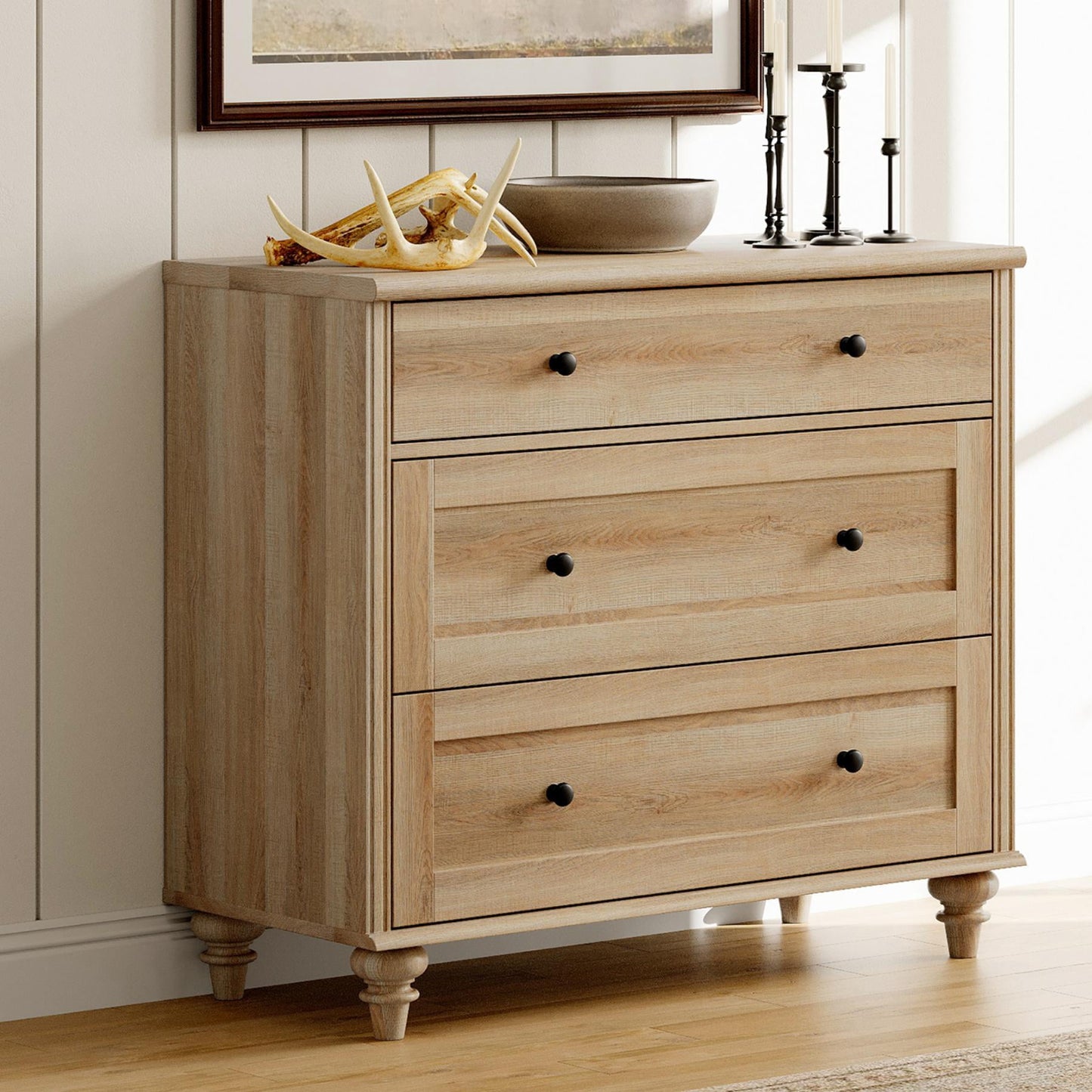 3-Drawer Oak Dresser, Modern Wooden Cabinet for Bedroom Nursery Hallway