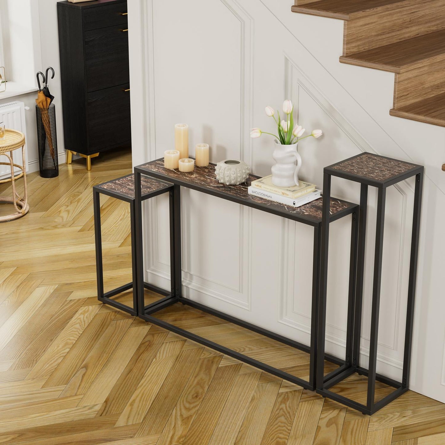 3-Piece Console Table Set, Narrow Entryway Table with Industrial Edge Wrapped Design, Space-Saving Sofa Table or Hallway Table, Sturdy Metal Tube Frame with Adjustable Feet, Brown Black Finish
