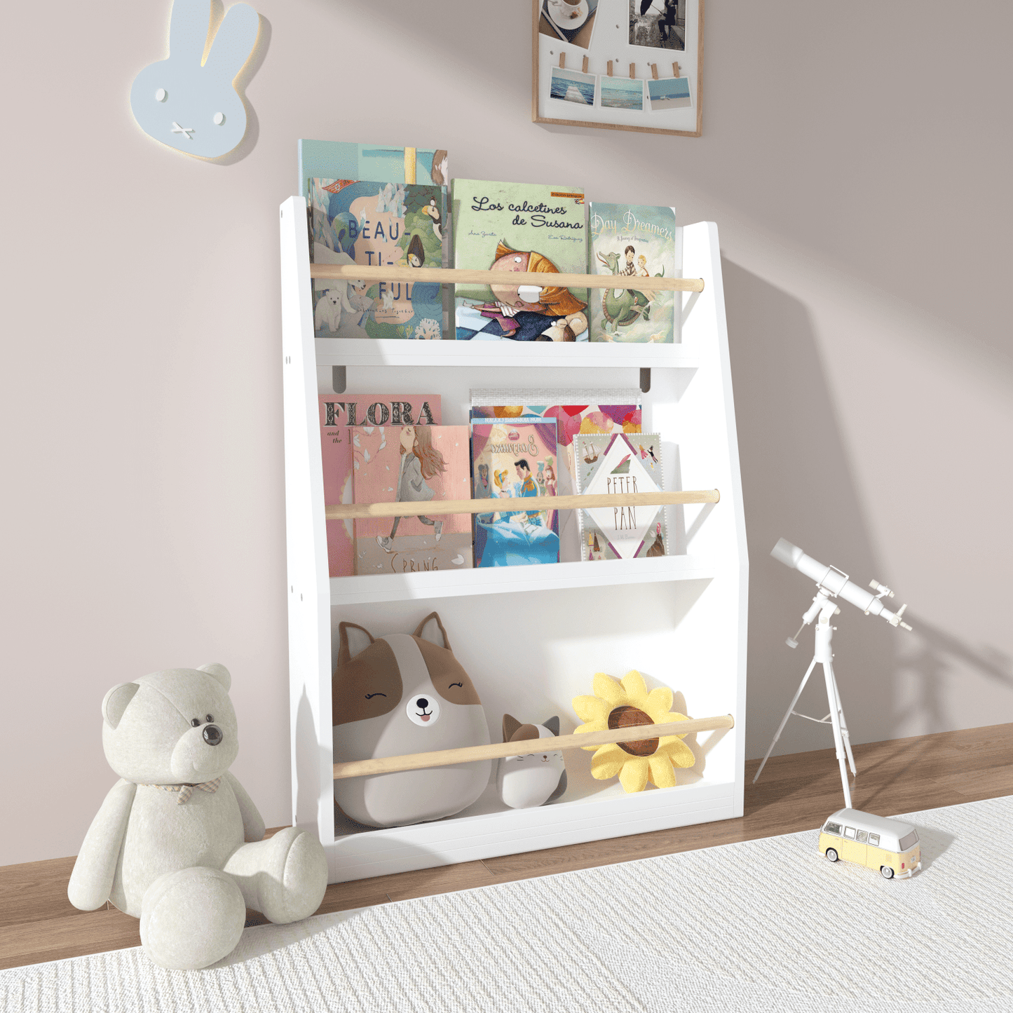 3 Tier Kids Bookshelf, White MDF & Pine Wood Book Rack with Anti-Tip Device, Open Front Toddler Book Organizer for Bedroom Playroom Nursery Classroom, Sturdy Storage Shelf for Ages 3+