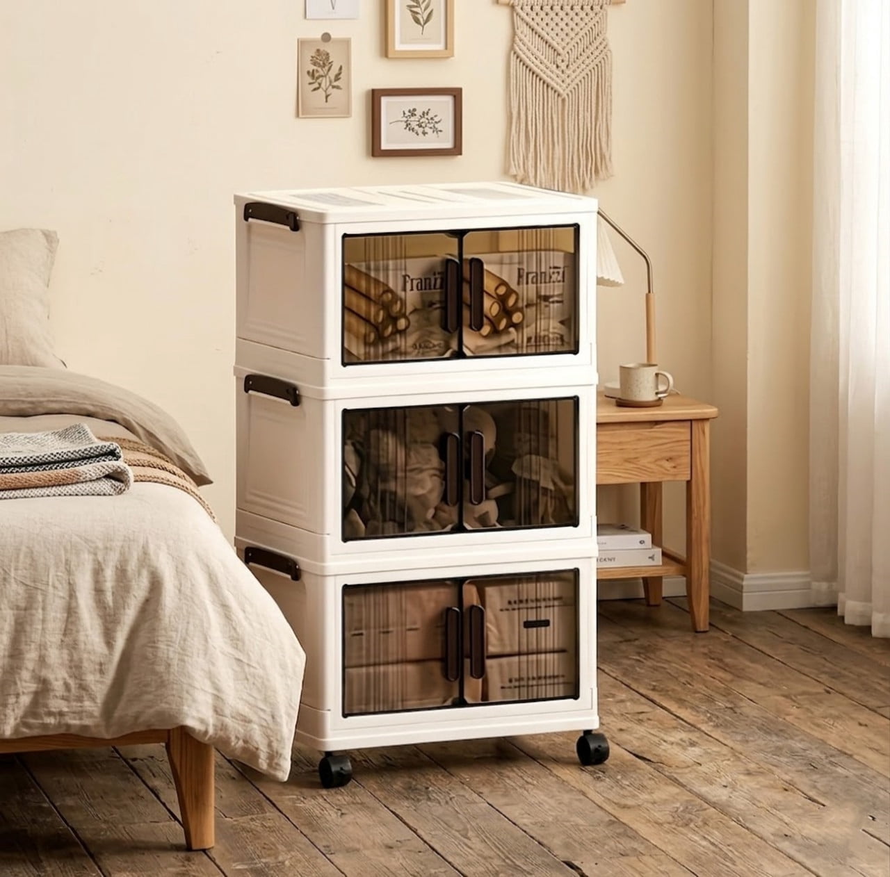 3-Tier Stackable Storage Bins with Lids, Collapsible Rolling Closet Organizer with Wheels, Plastic Storage Cabinet Closet Organizer for Bedroom Living Room