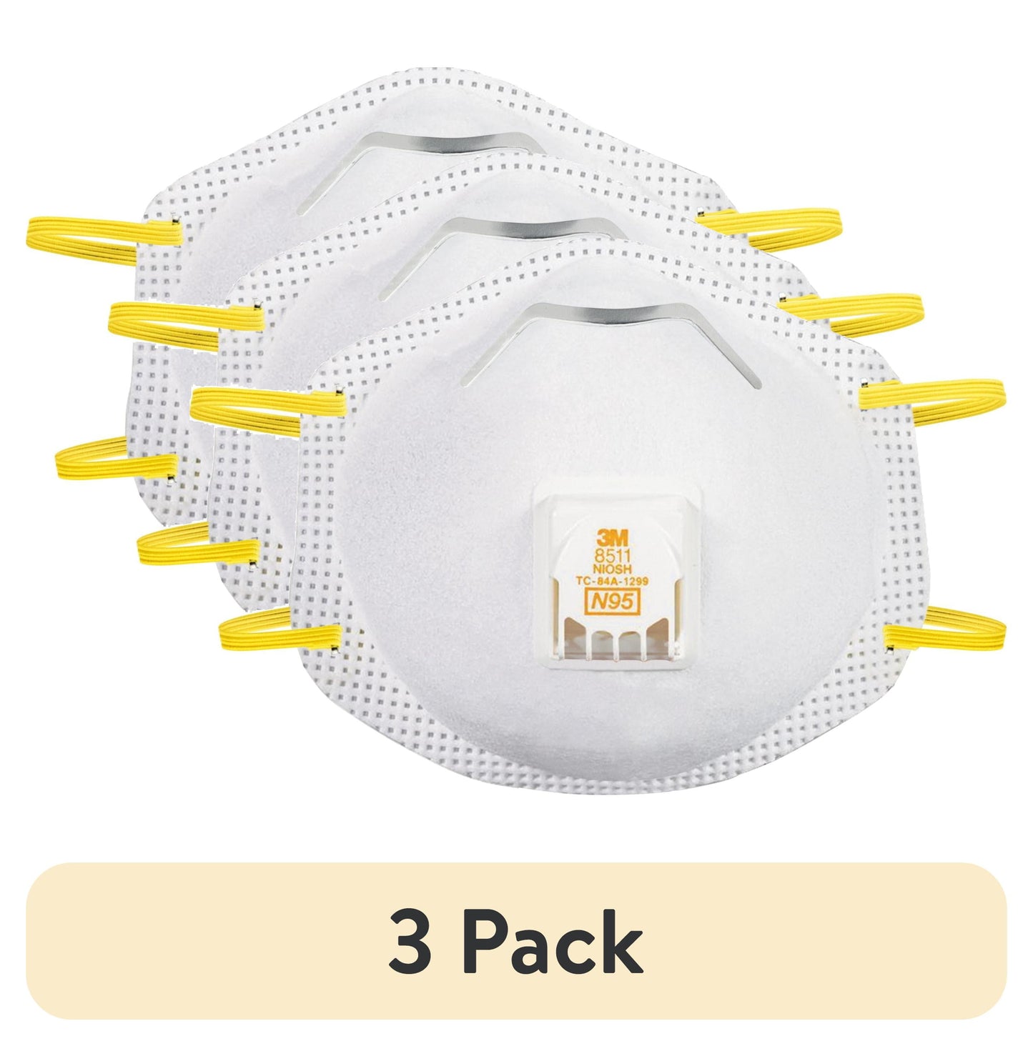 (3 pack) 3M 8511 Cool Flow N95 Mask, Valve Respirator, Stretchable, White, 2 Pack