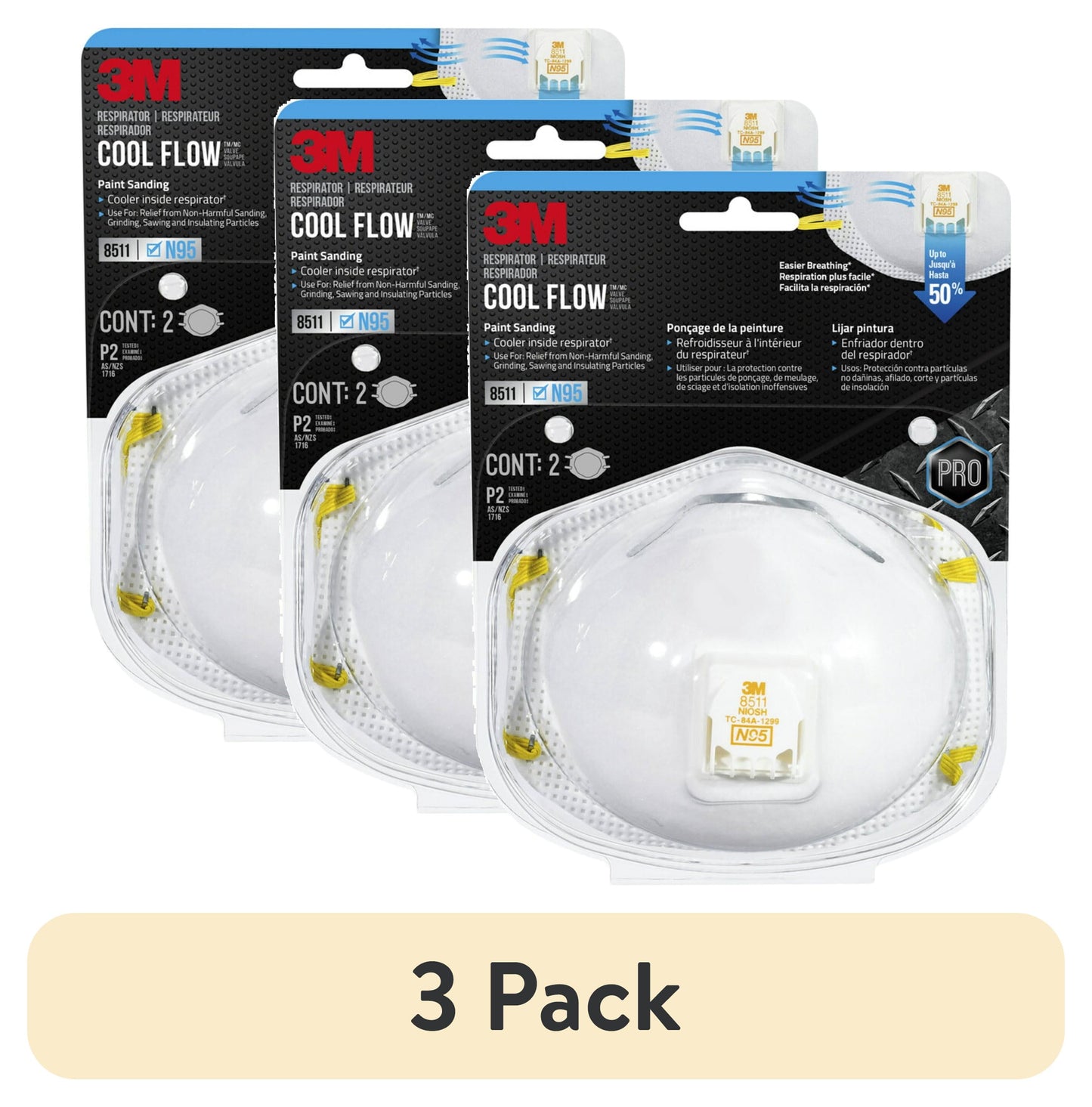 (3 pack) 3M Cool Flowâ„¢ Valve Respirator 8511, N95, 2 per Pack