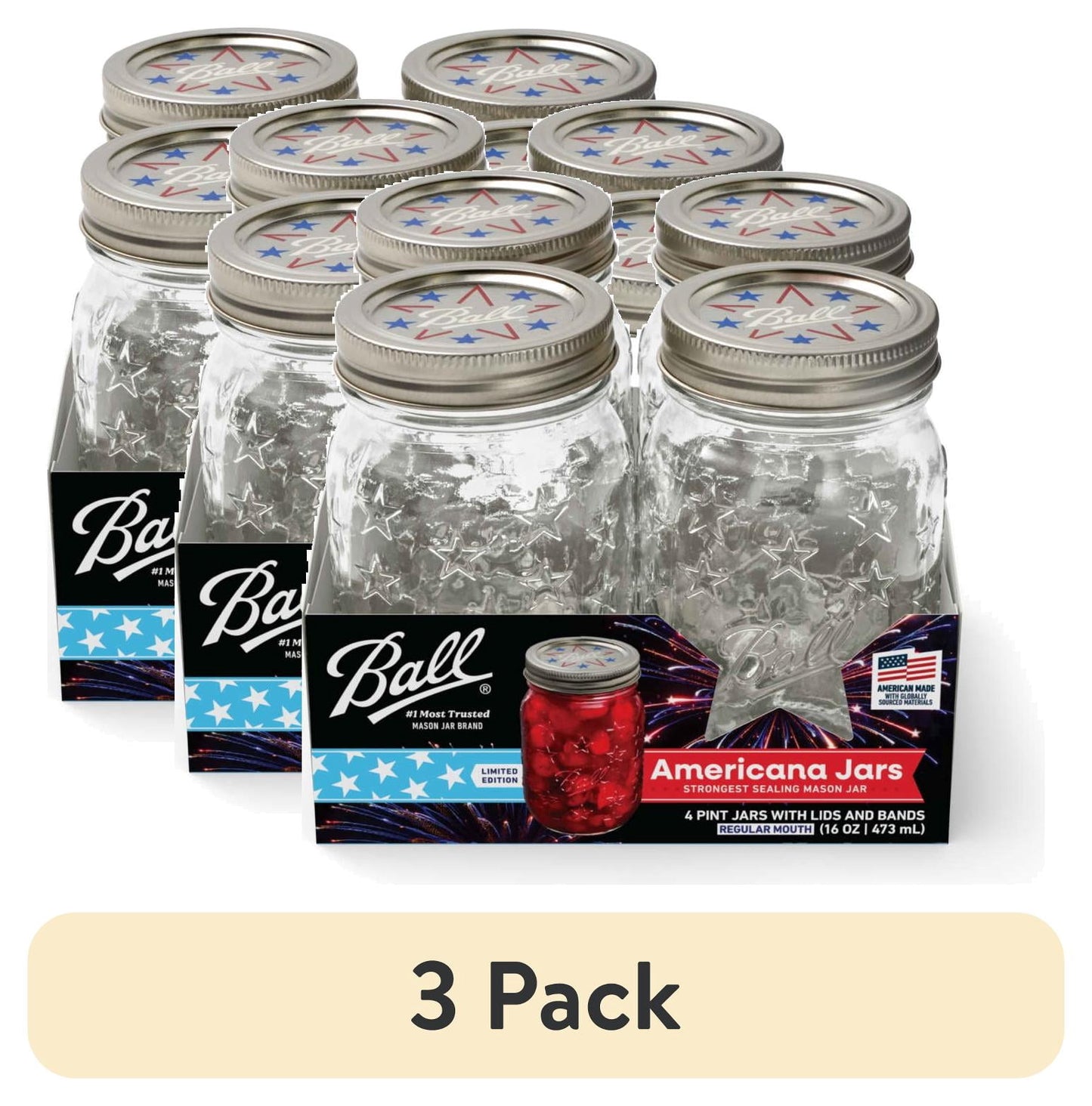 Ball 16 oz Limited Edition Americana Mason Jars, Regular Mouth Pint Canning Jars with Lids and Rings, 4-Pack Glass Jars for Home Canning and Preserving