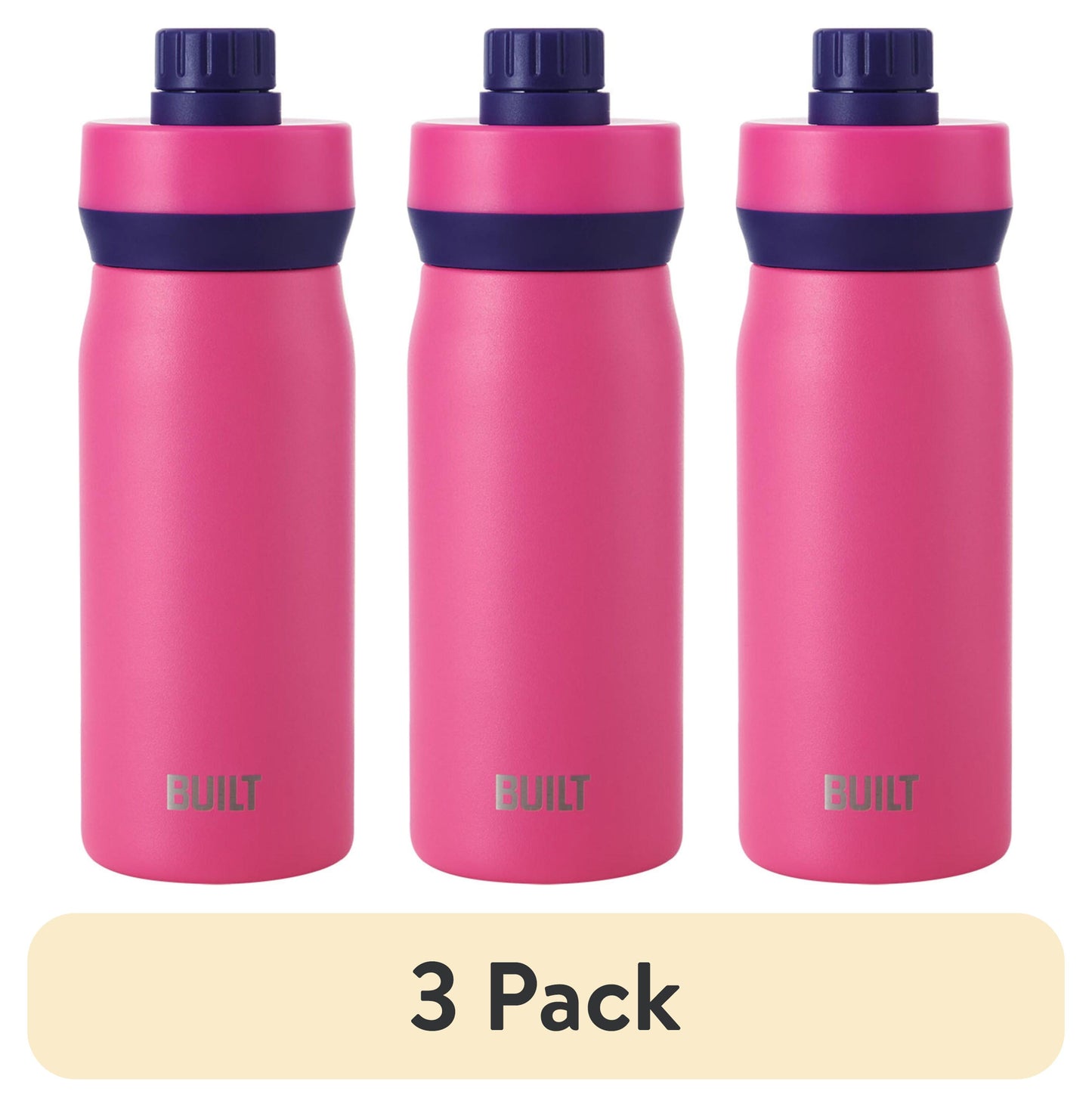 (3 pack) BUILT Cascade 16 oz Stainless Steel Kids Water Bottle with Leakproof Flip-Top Chug Lid, Pink