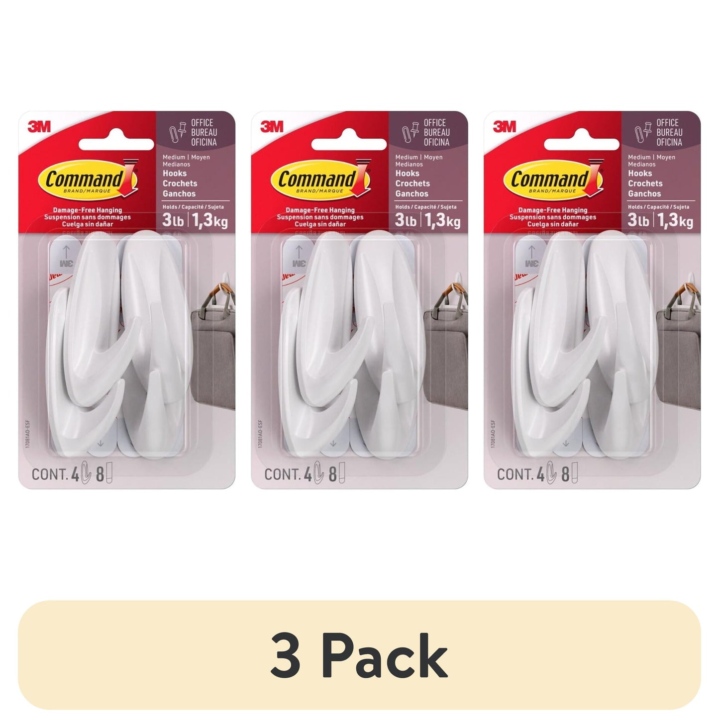 (3 pack) Command Designer Hooks Value Pack, White, Medium, 4 Hooks, 8 Strips/Pack