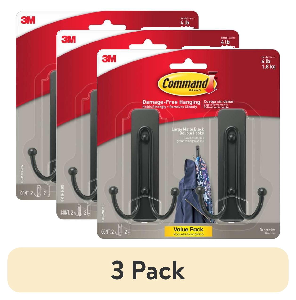 (3 pack) Command Large Double Wall Hooks, Black, Damage Free Decorating, 2 Hooks