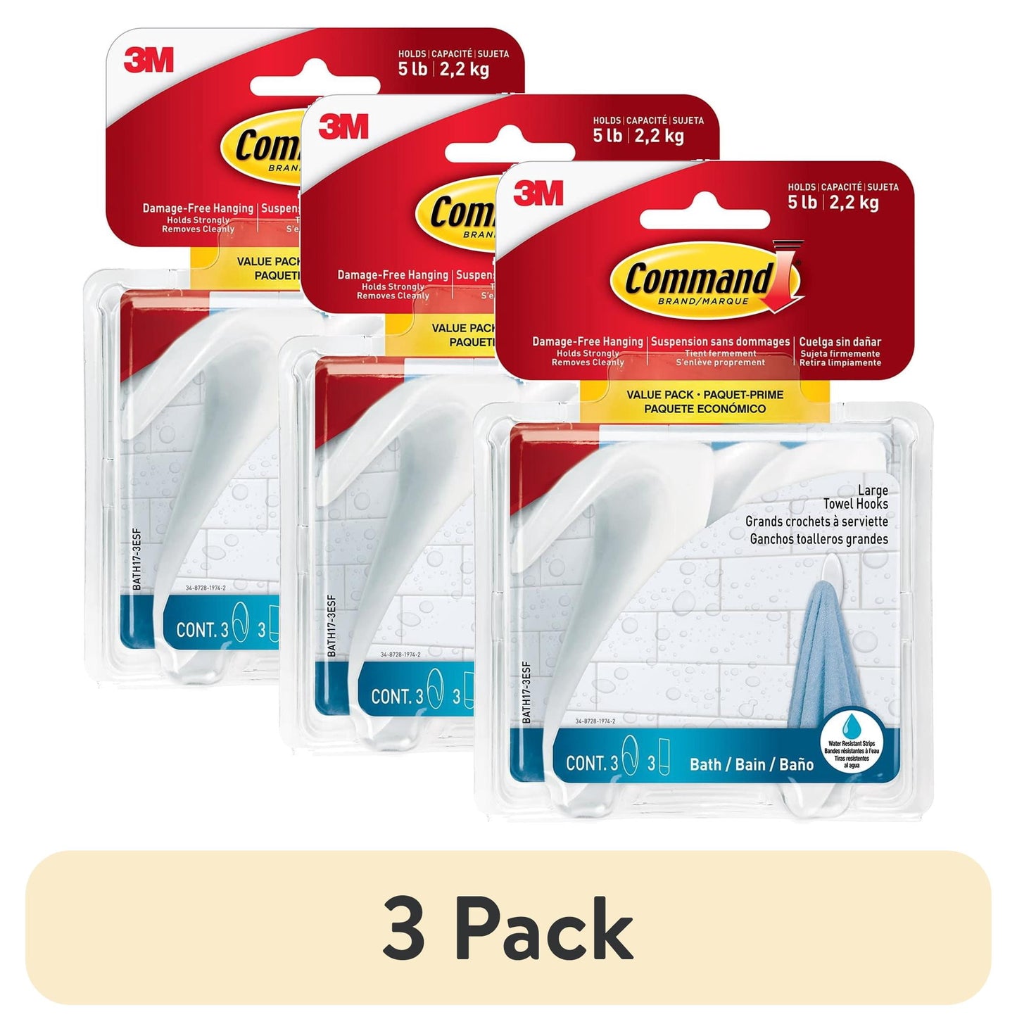 (3 pack) Command Large Towel Hooks Value Pack, Frosted, 3 Wall Hooks, Holds 5 lbs, Bathroom Organization