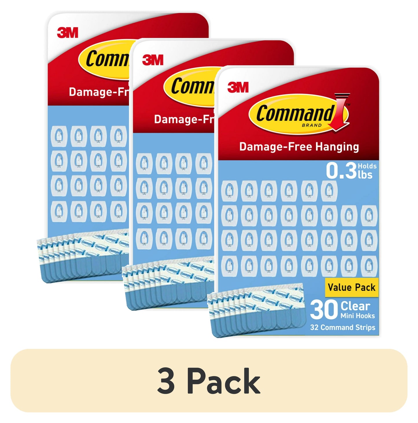 (3 pack) Command Mini Wall Hooks, Clear, Damage Free Decorating, 30 Hooks and 32 Command Strips