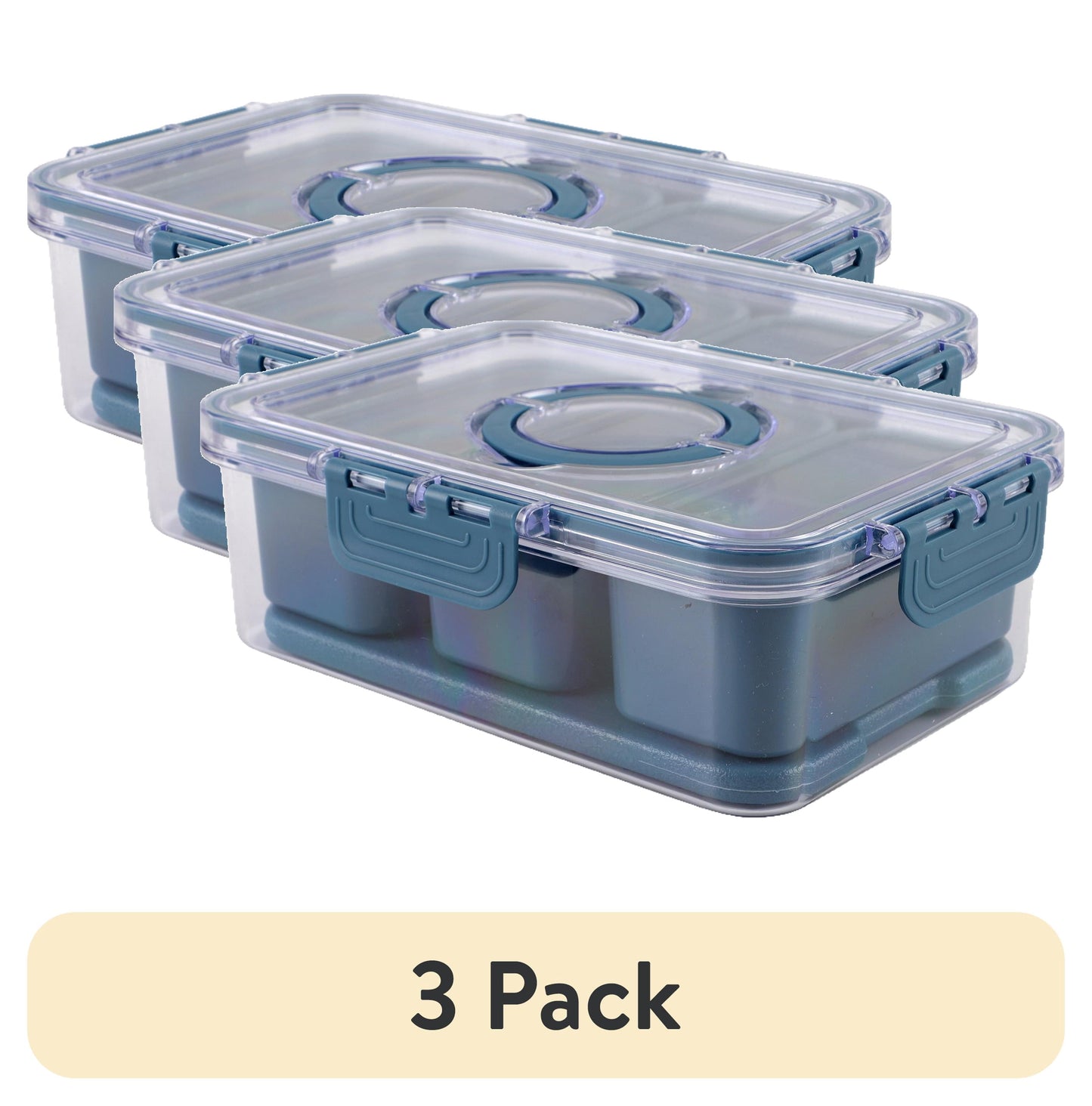 (3 pack) Cook with Color 3-Compartment Portable Snack Box Food Storage Container with Removable Ice Pack, Blue