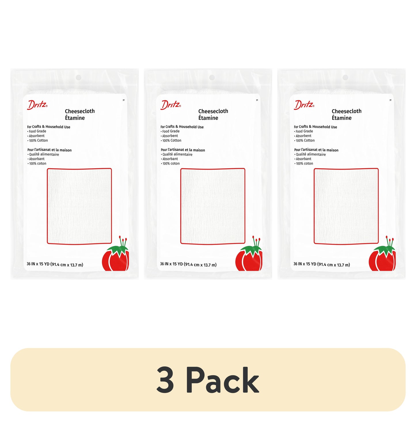 (3 pack) Dritz Cotton Cheesecloth, Food Grade, 36in x 15 Yards, for Crafts, Cheesemaking, and Décor
