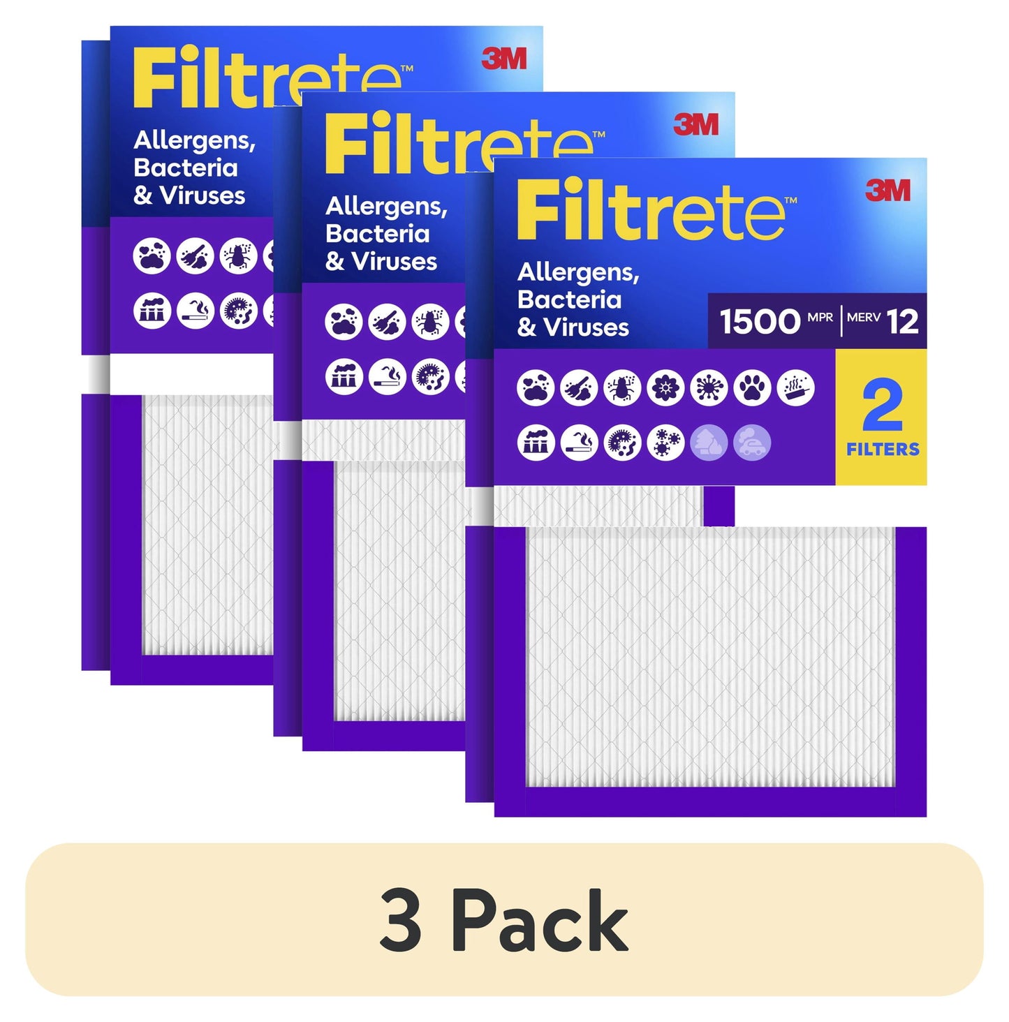(3 pack) Filtrete 14x25x1 HVAC Furnace Air Filter, MPR 1500 MERV 12, Allergens, Bacteria & Viruses, 2 Pack