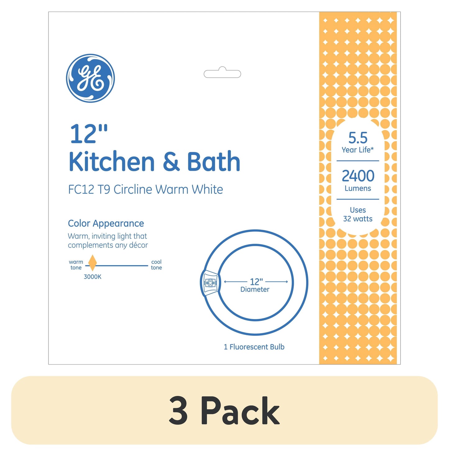 (3 pack) GE Warm White 32 Watt 12in Inch T9 G10q Base Fluorescent Tube 1 Pack