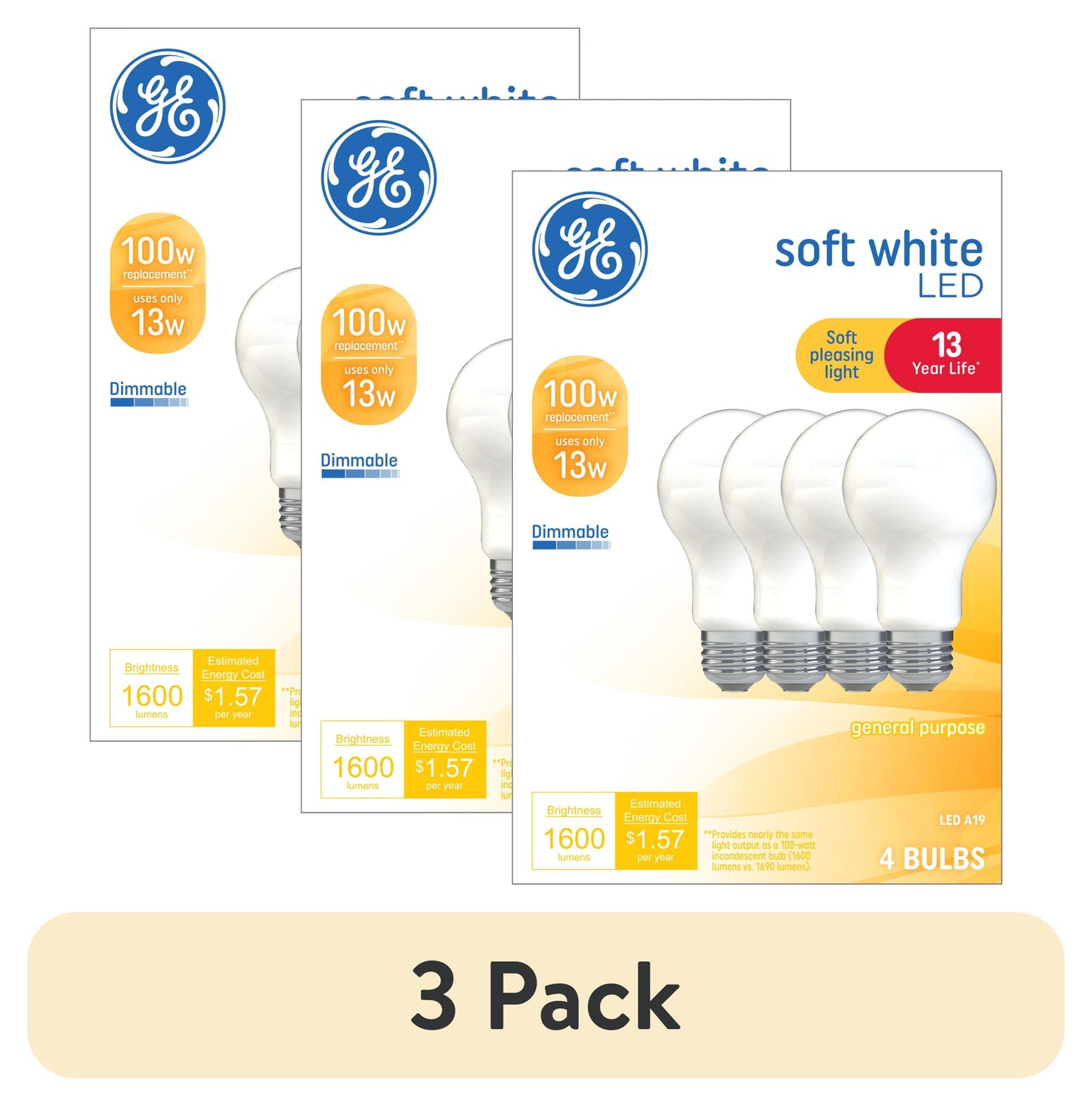 (3 pack) GE LED Light Bulbs, 100 Watt, Soft White, A19 Bulbs, Medium Base, Frosted Finish, 13yr, 4pk