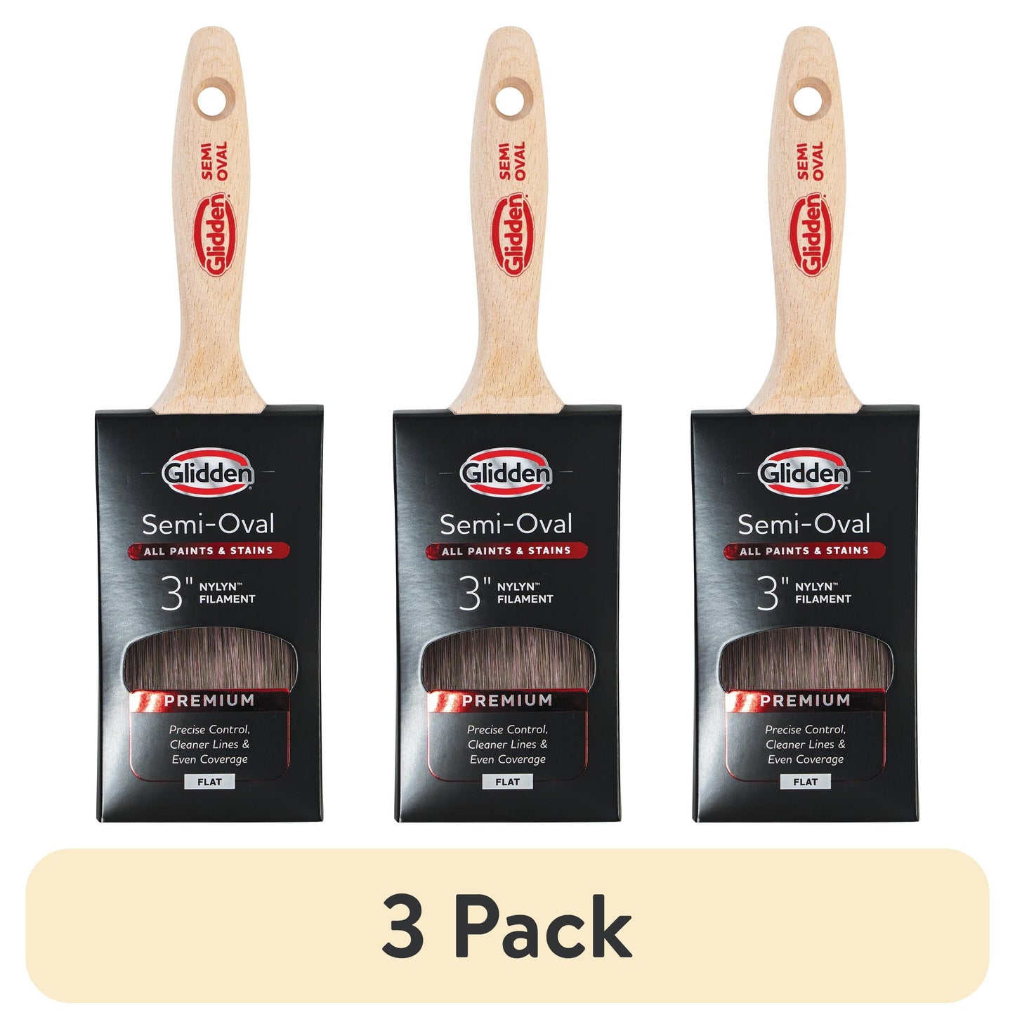 (3 pack) Glidden Semi-Oval Paint Brush with Wood Handle , Flat Sash, 3 Inch