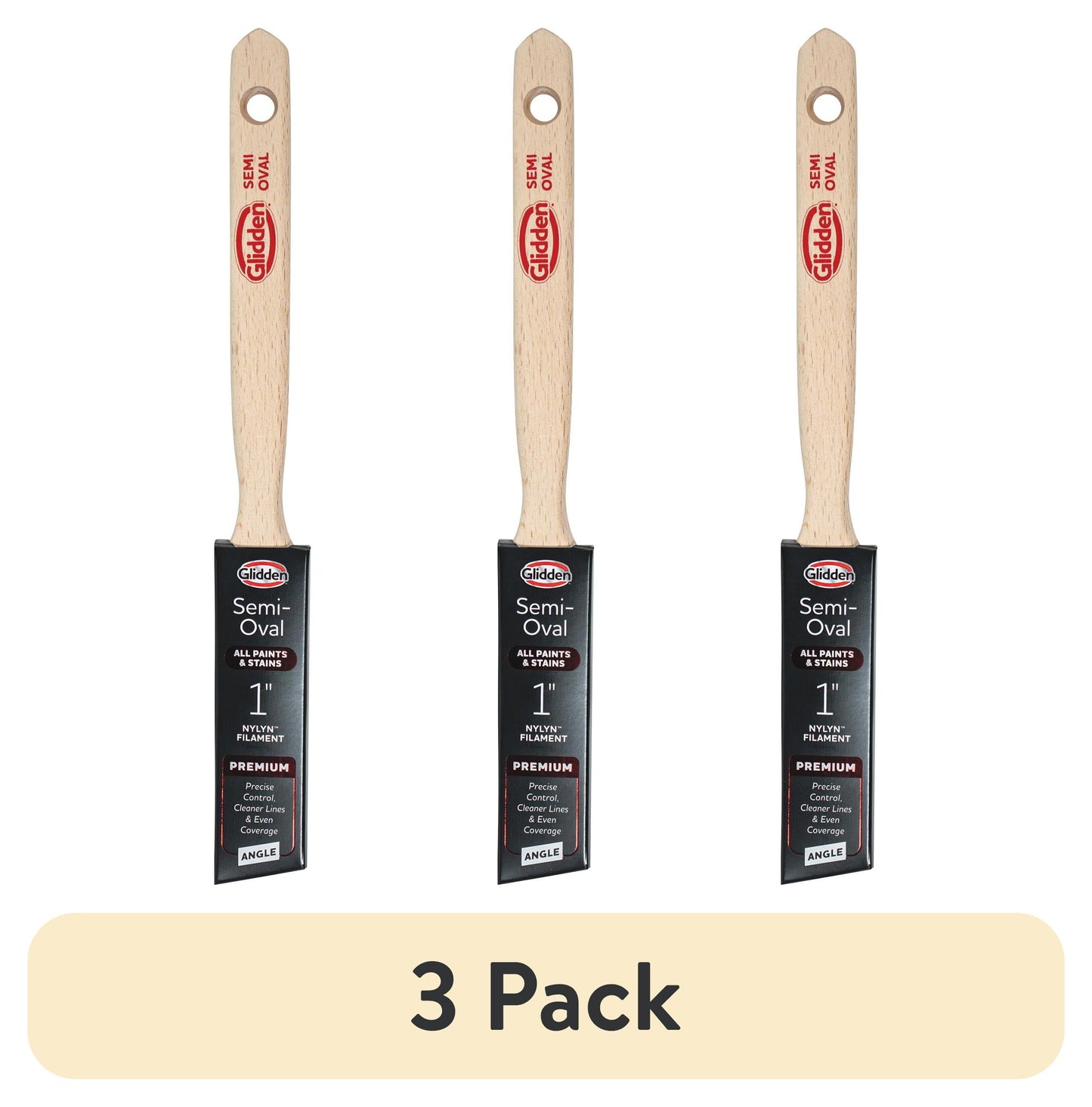(3 pack) Glidden Semi-Oval Paintbrush with Wood Handle, Angled Sash, 1 Inch