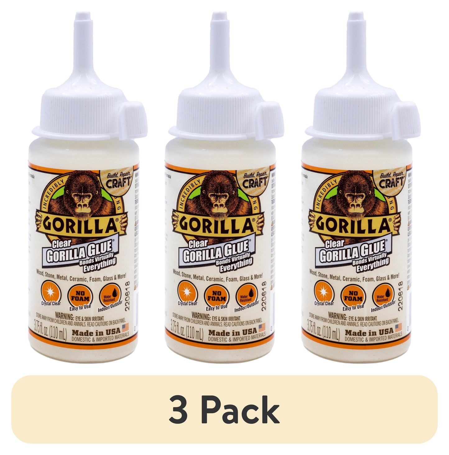 (3 pack) Gorilla Clear Glue, 3.75 fl. Ounces (110mL), Pack of 1 Bottle, Assembled Weight .305 lbs, 24 hours Dry Time