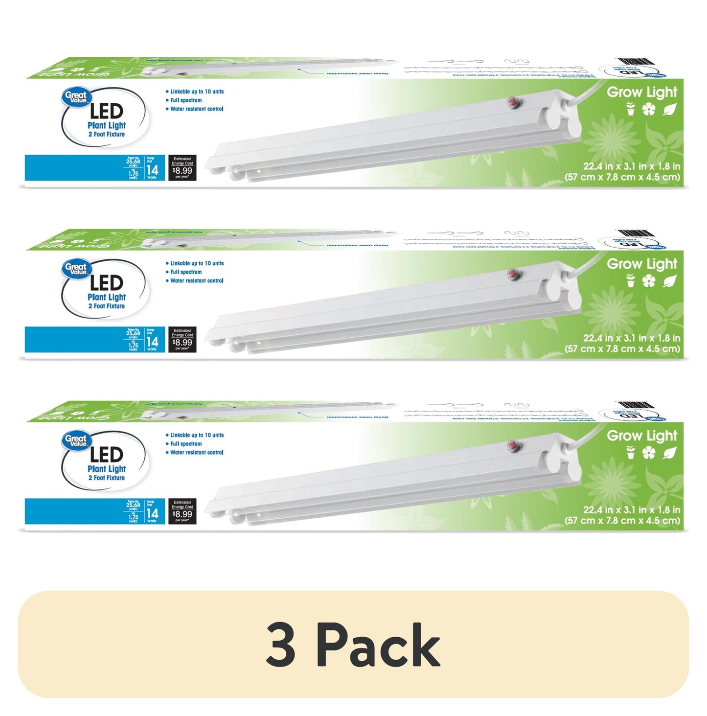 (3 pack) Great Value 2ft LED Grow Light, 14W Full Spectrum, Linkable with Integrated Receptacle (up to 10 Units) - Single Pack