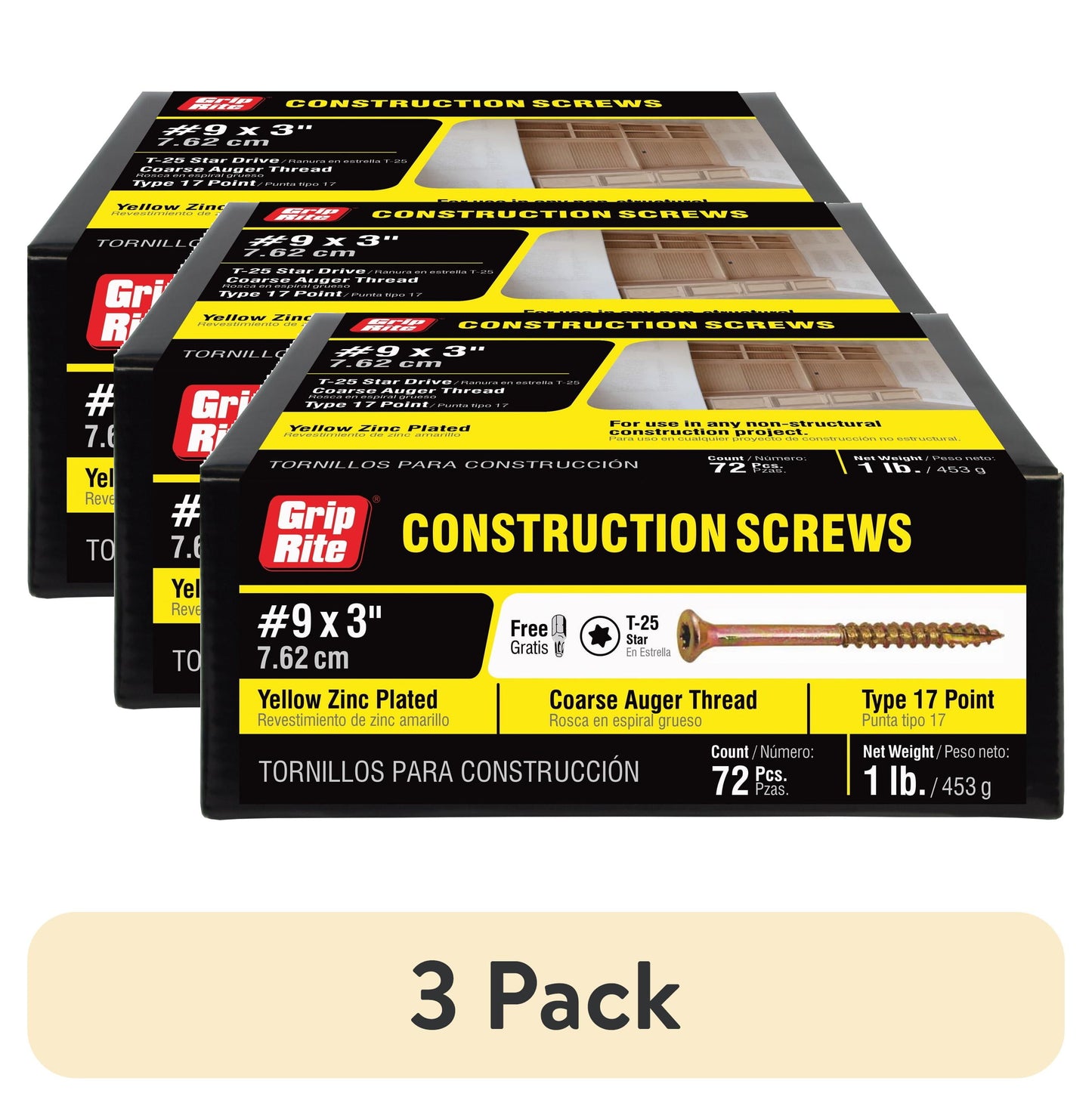 (3 pack) Grip-Rite #9 X 3 in. Star Drive Gold Construction Wood Screw 1 lb.