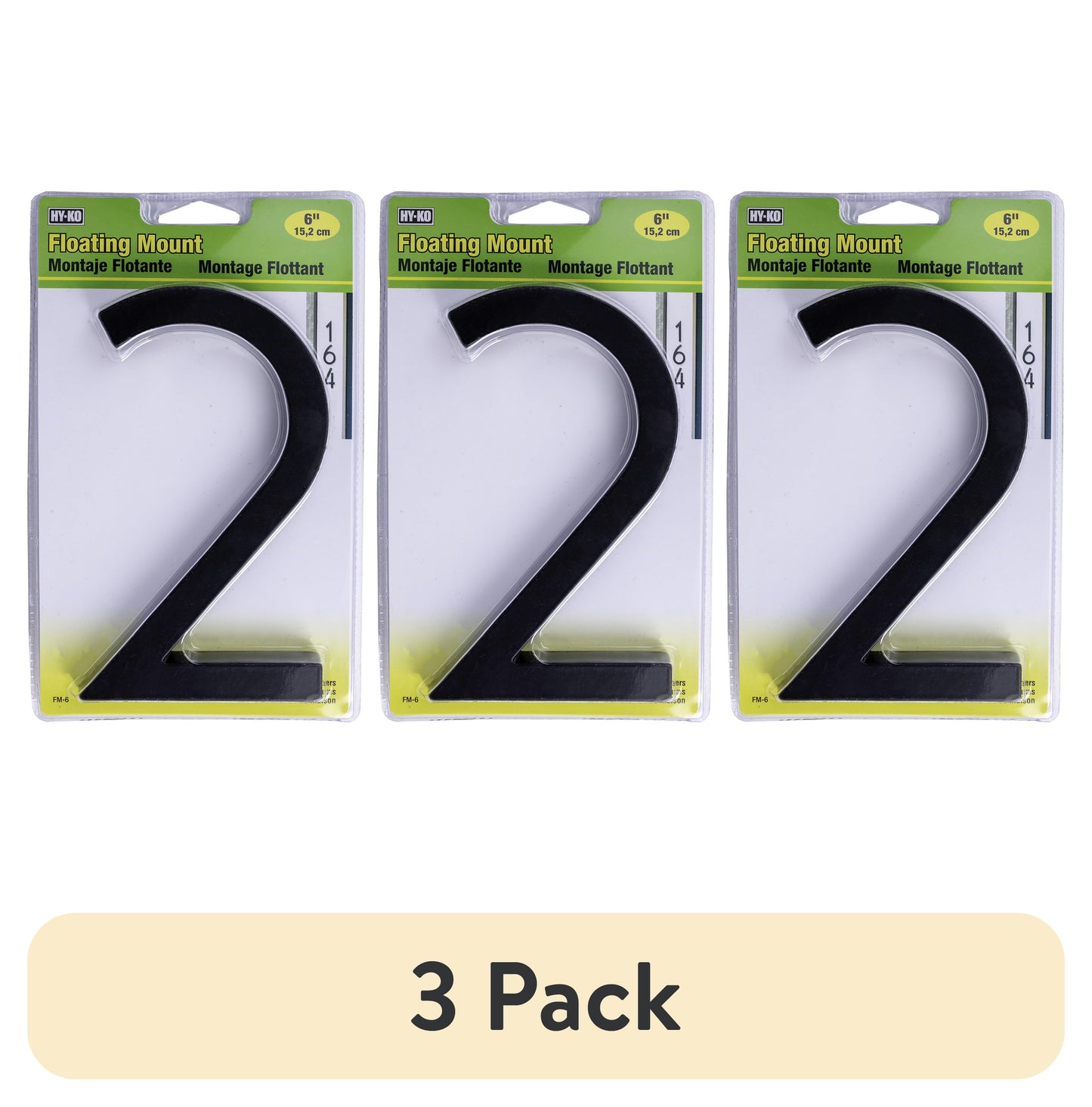 (3 pack) HY-KO 6" Black Floating Mount House Number 2
