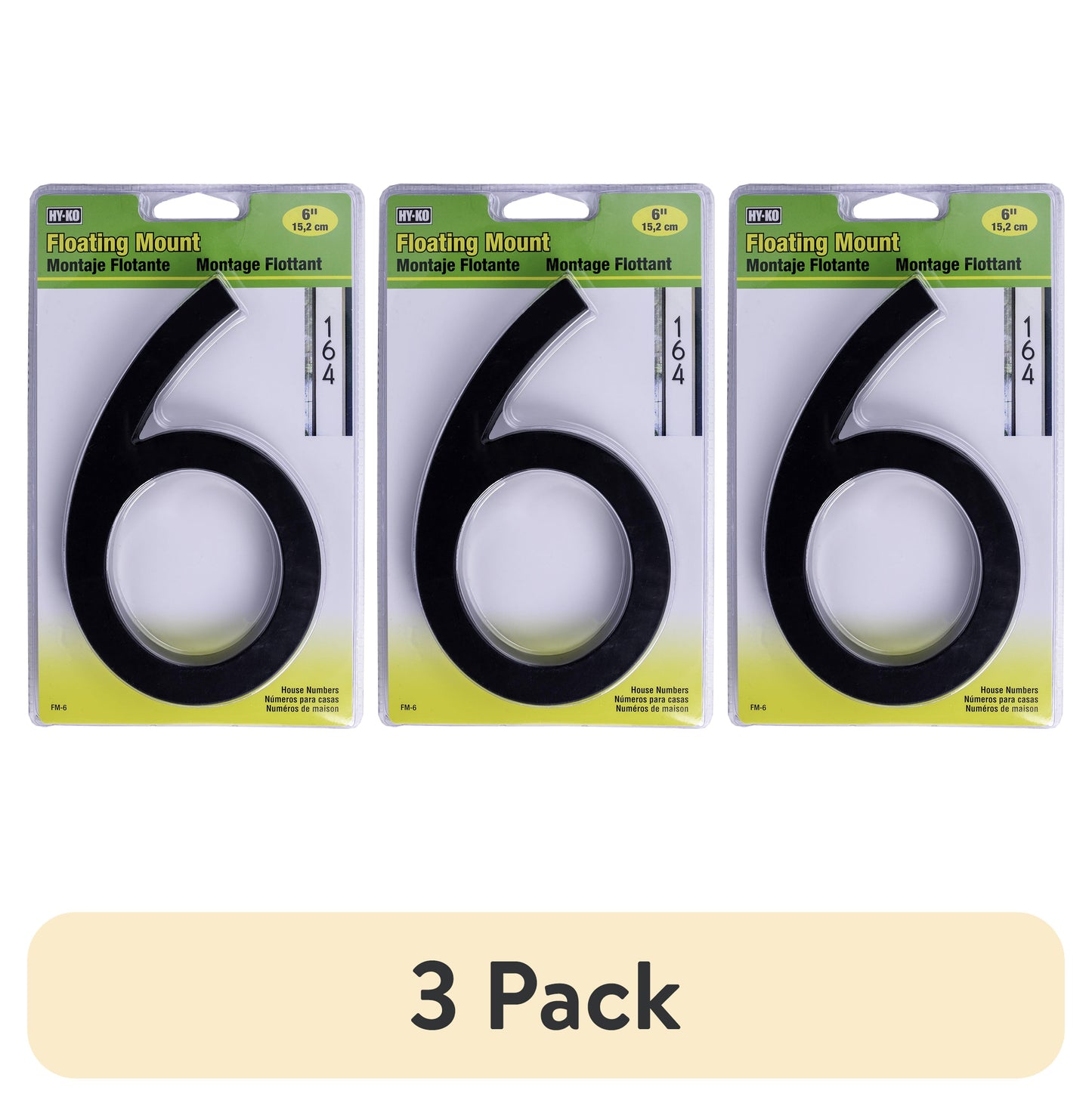 (3 pack) HY-KO 6" Black Floating Mount House Number 6