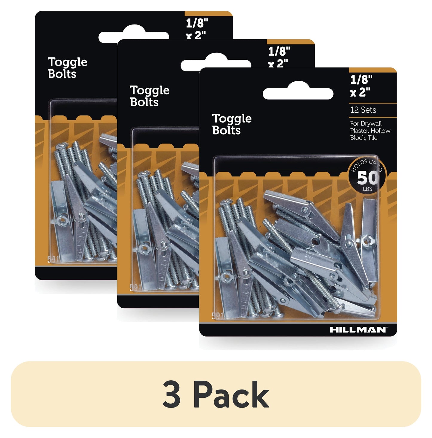 (3 pack) Hillman Toggle Bolts, 1/8" x 2", Steel, Multi-Material, 50 lbs, Zinc, Silver, 12 pack